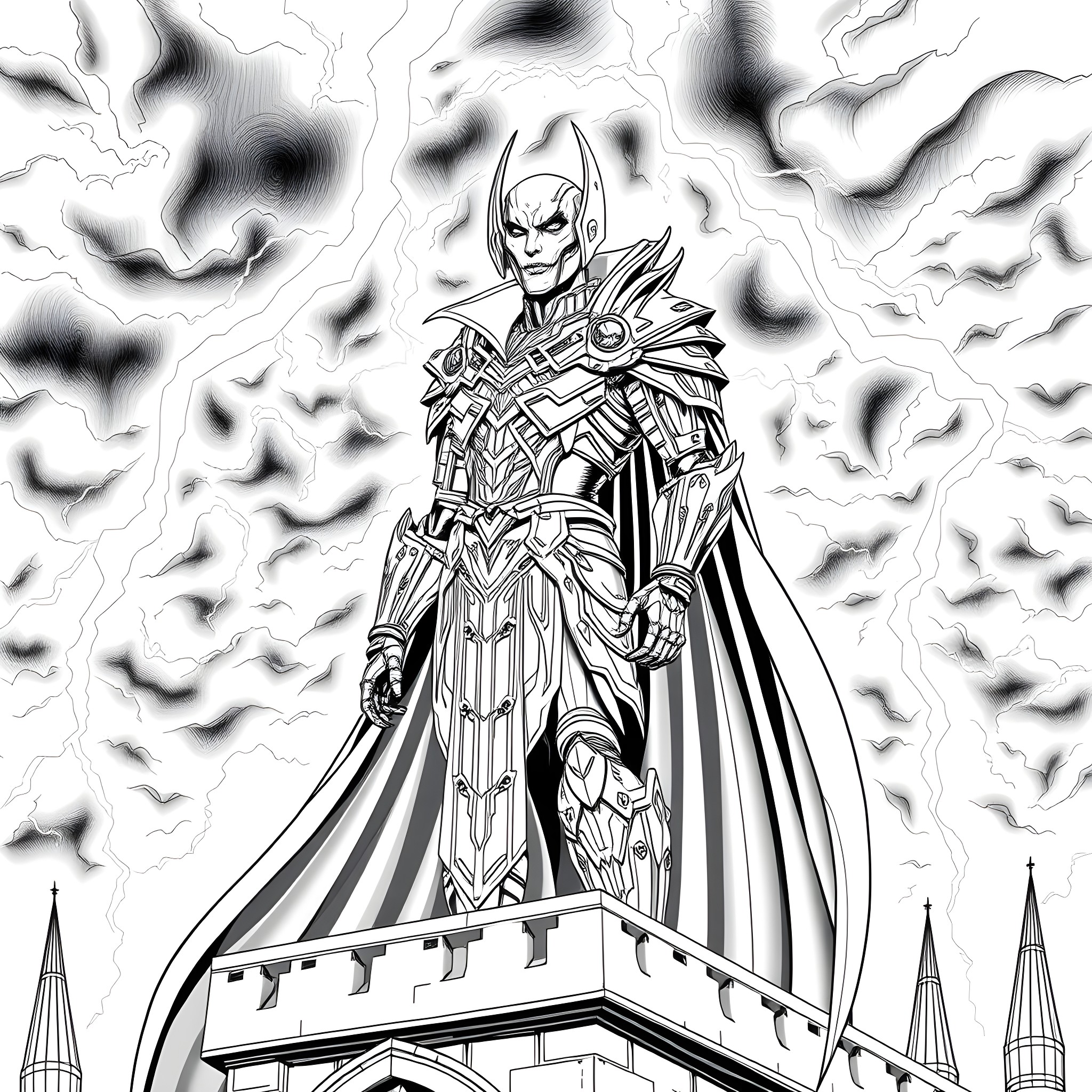 Mecha Dracula's Terrifying Reign over the Spires Coloring Page (free black-and-white line drawing printable PDF for all, from beginners to advanced learners, including children, teens, adults, and seniors)