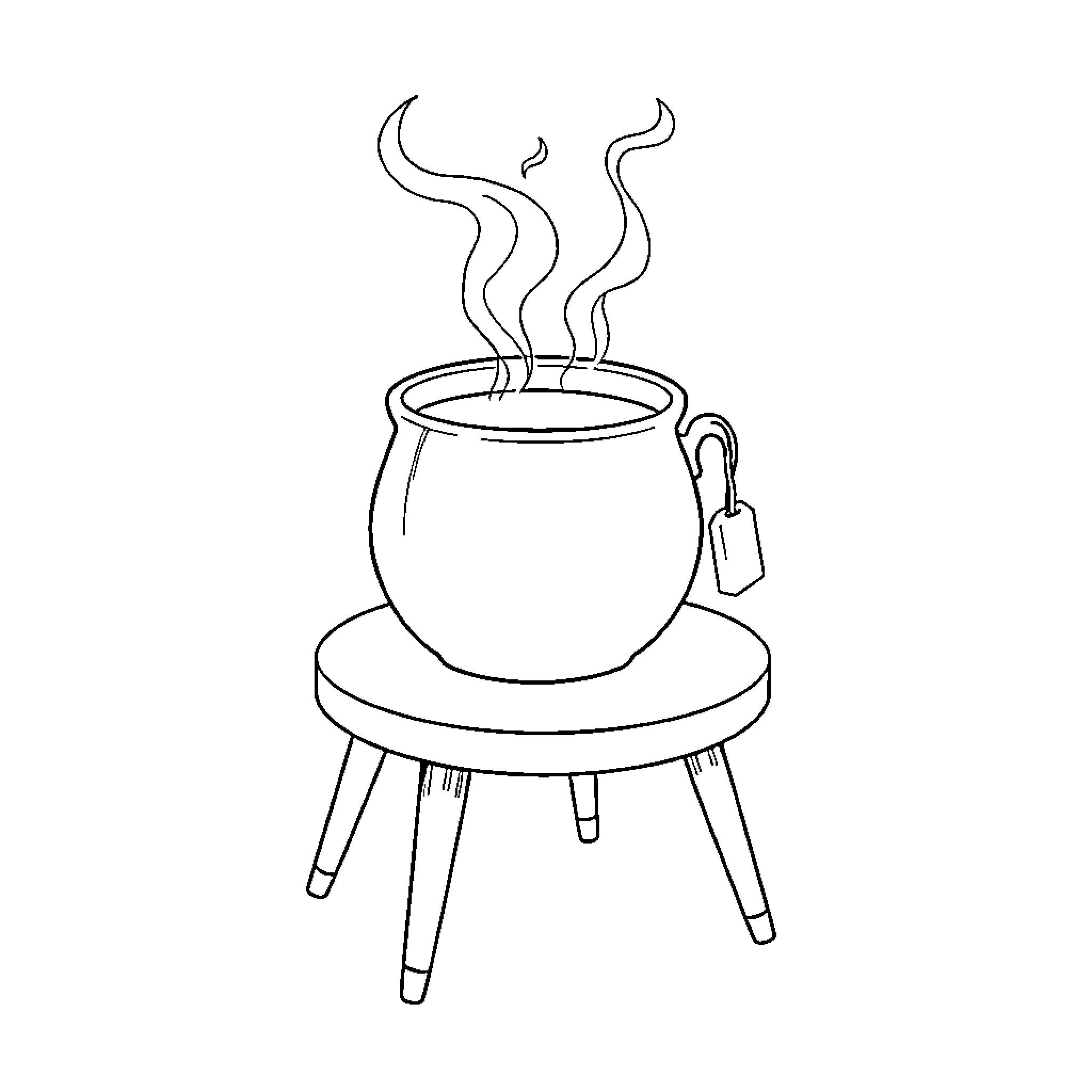 Mug resting on a chair with steam Coloring Page (free black-and-white line drawing printable PDF for all, from beginners to advanced learners, including children, teens, adults, and seniors)