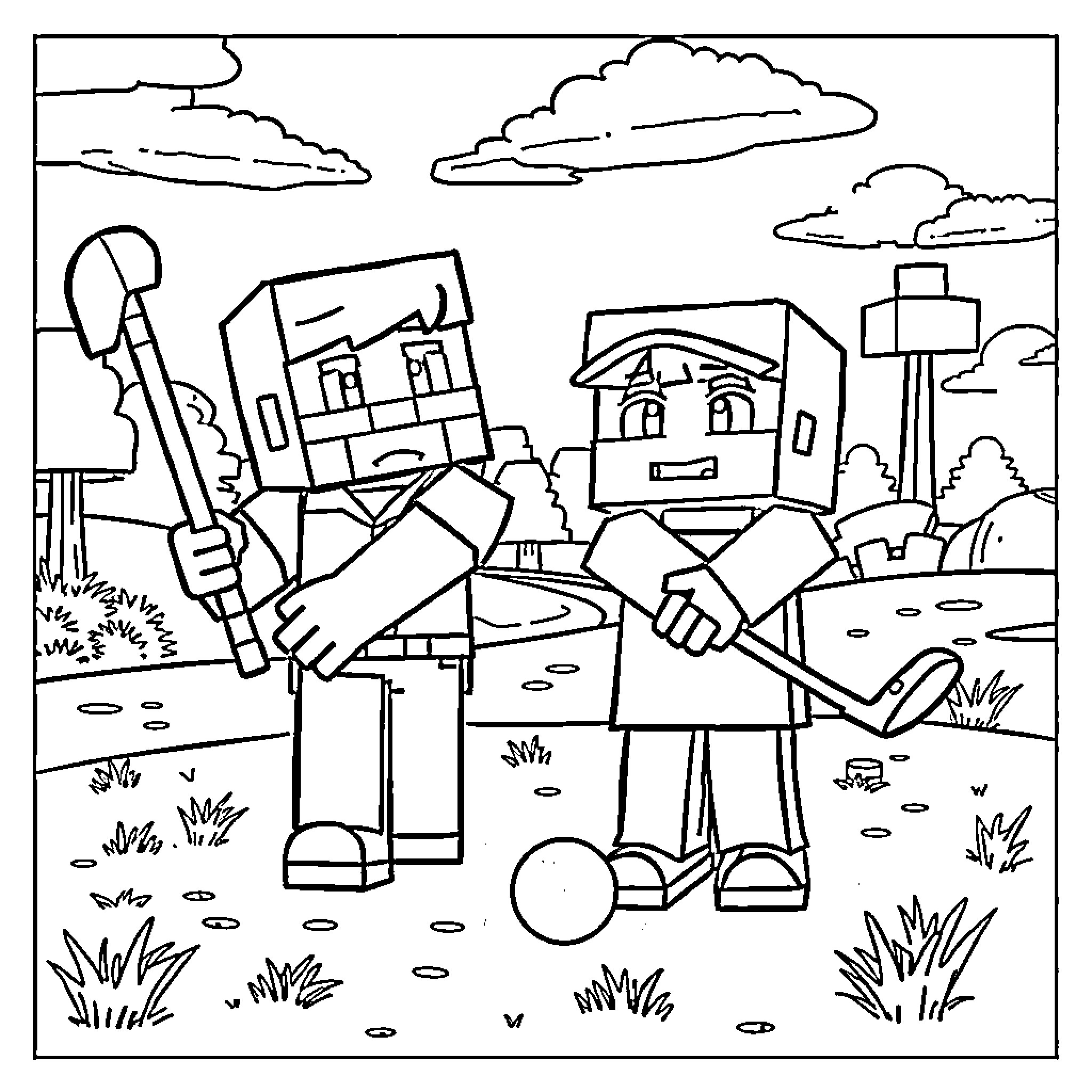 Minecraft Characters in Outdoor Scenery Coloring Page (free black-and-white line drawing printable PDF for all, from beginners to advanced learners, including children, teens, adults, and seniors)