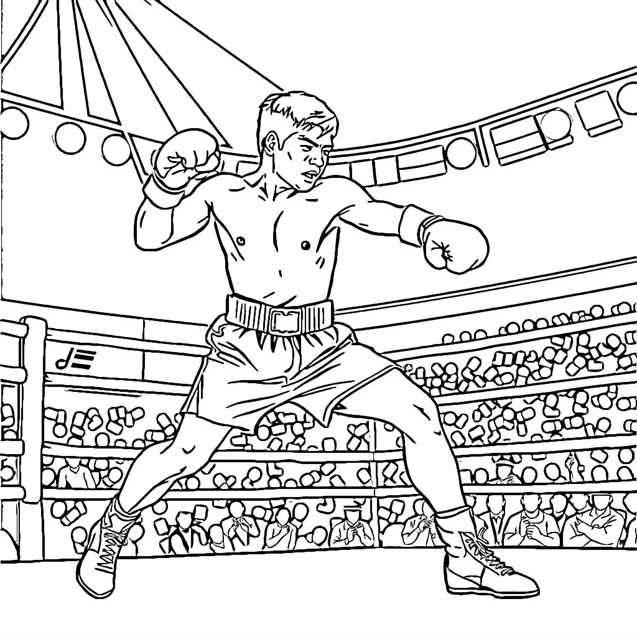 Manny Pacquiao fighting in the boxing ring Coloring Page (free black-and-white line drawing printable PDF for all, from beginners to advanced learners, including children, teens, adults, and seniors)
