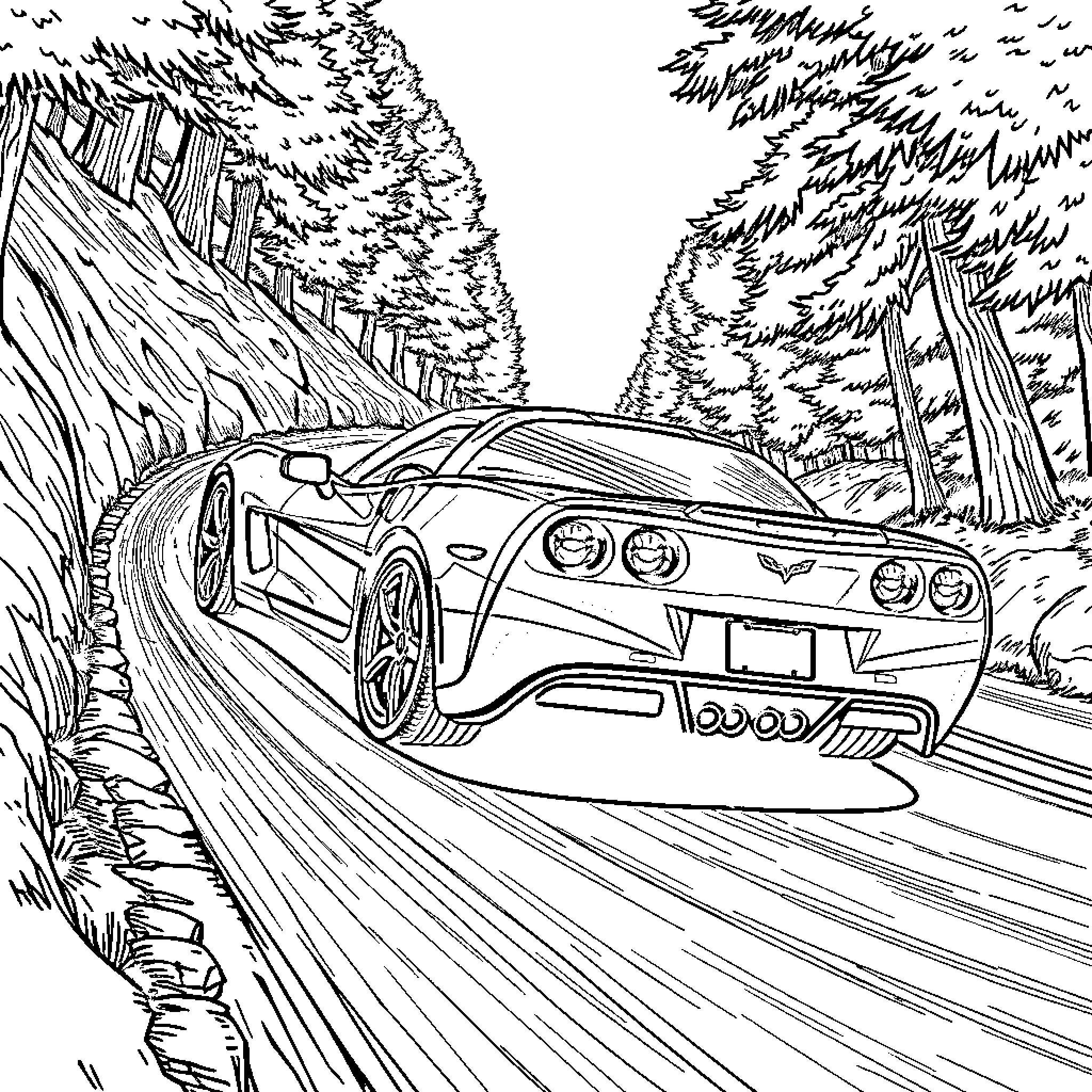 Corvette racing through scenic forest road Coloring Page (free black-and-white line drawing printable PDF for all, from beginners to advanced learners, including children, teens, adults, and seniors)