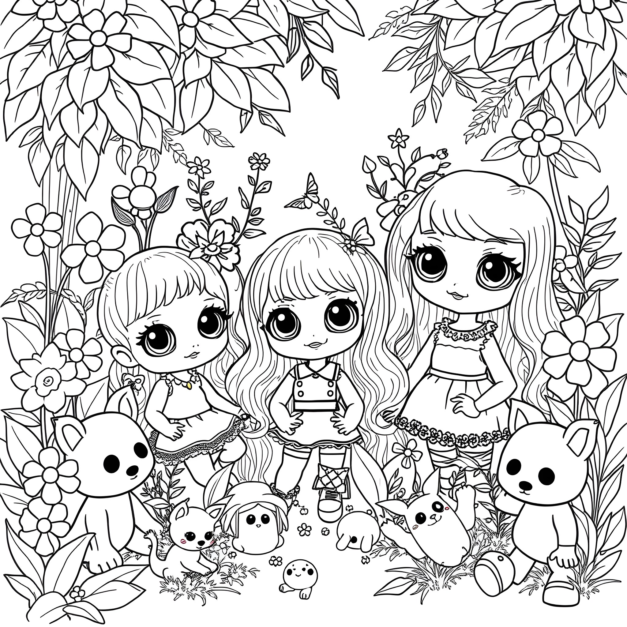 Doll friends exploring floral garden Coloring Page (free black-and-white line drawing printable PDF for all, from beginners to advanced learners, including children, teens, adults, and seniors)