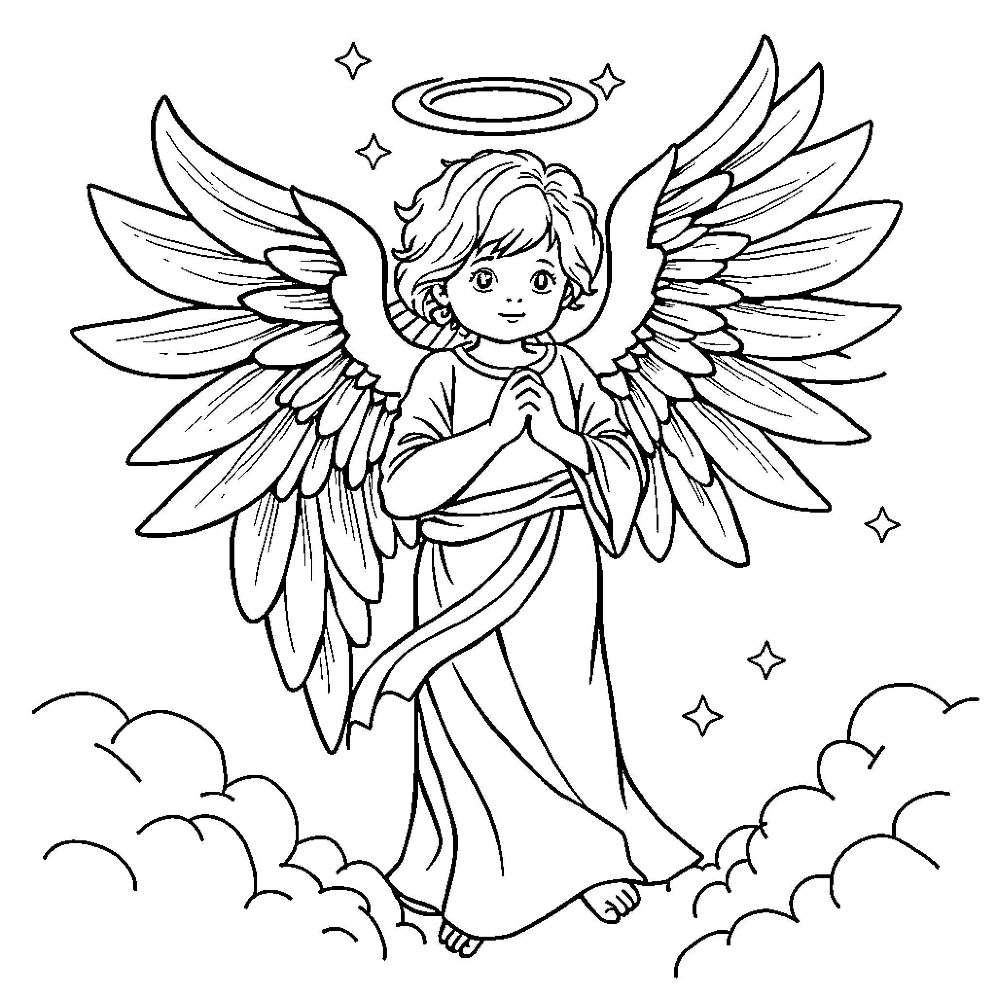 Angel with wings in the sky Coloring Page (free black-and-white line drawing printable PDF for all, from beginners to advanced learners, including children, teens, adults, and seniors)