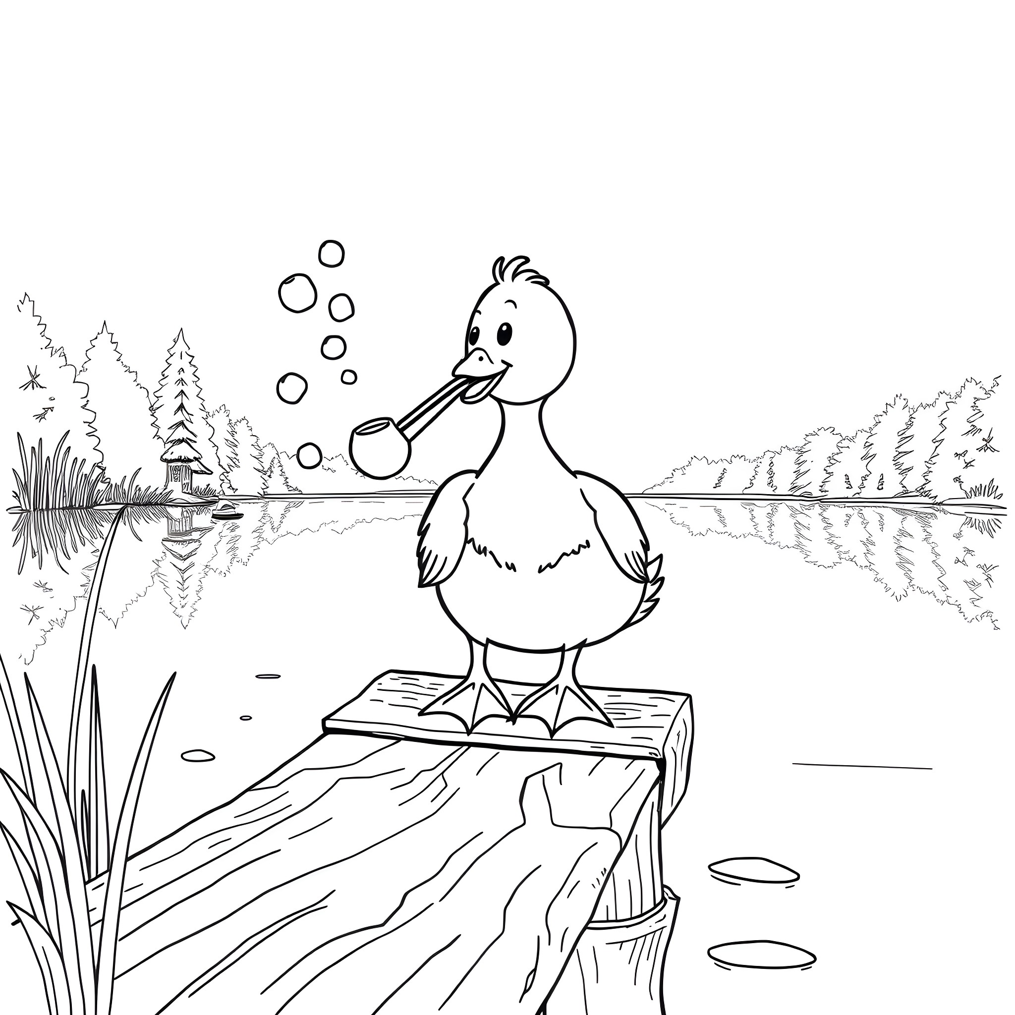 Duck blowing bubbles in the pond Coloring Page (free black-and-white line drawing printable PDF for all, from beginners to advanced learners, including children, teens, adults, and seniors)