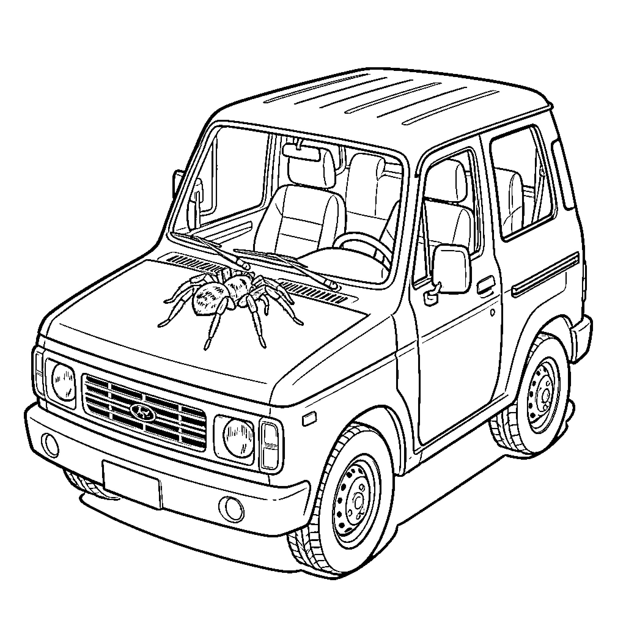 Spider crawling on the hood of a car Coloring Page (free black-and-white line drawing printable PDF for all, from beginners to advanced learners, including children, teens, adults, and seniors)