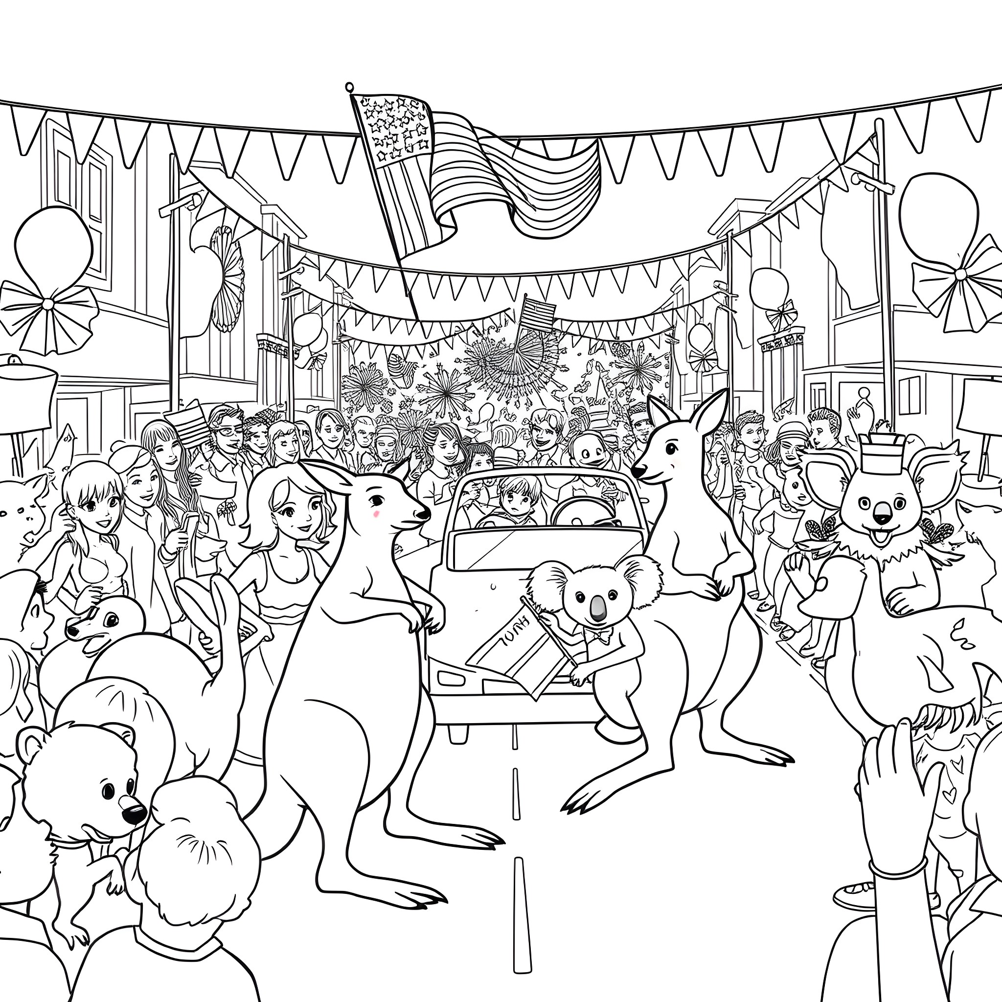 Australian Animal Festival with Joyful Crowds and Festive Decorations Coloring Page (free black-and-white line drawing printable PDF for all, from beginners to advanced learners, including children, teens, adults, and seniors)