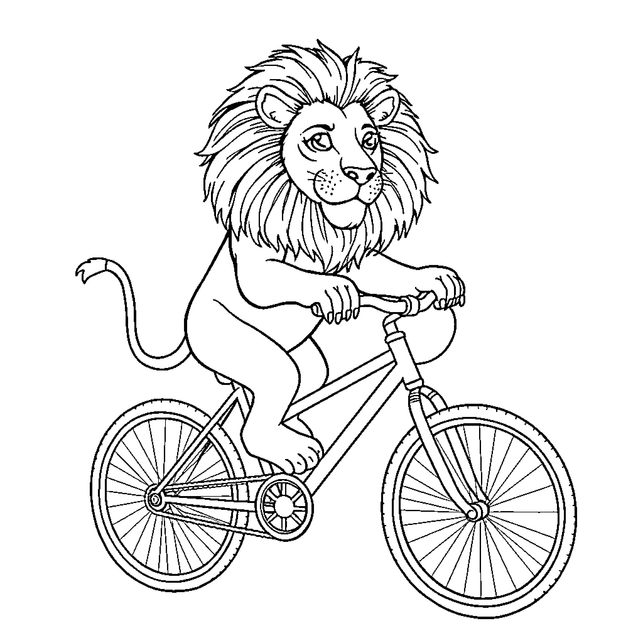 Lion riding a bicycle in a playful manner Coloring Page (free black-and-white line drawing printable PDF for all, from beginners to advanced learners, including children, teens, adults, and seniors)
