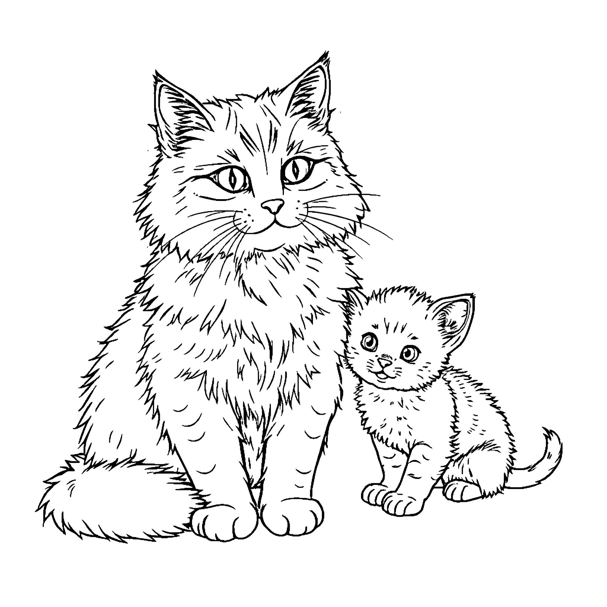 Cat and Kitten in Black and White Illustration Coloring Page (free black-and-white line drawing printable PDF for all, from beginners to advanced learners, including children, teens, adults, and seniors)