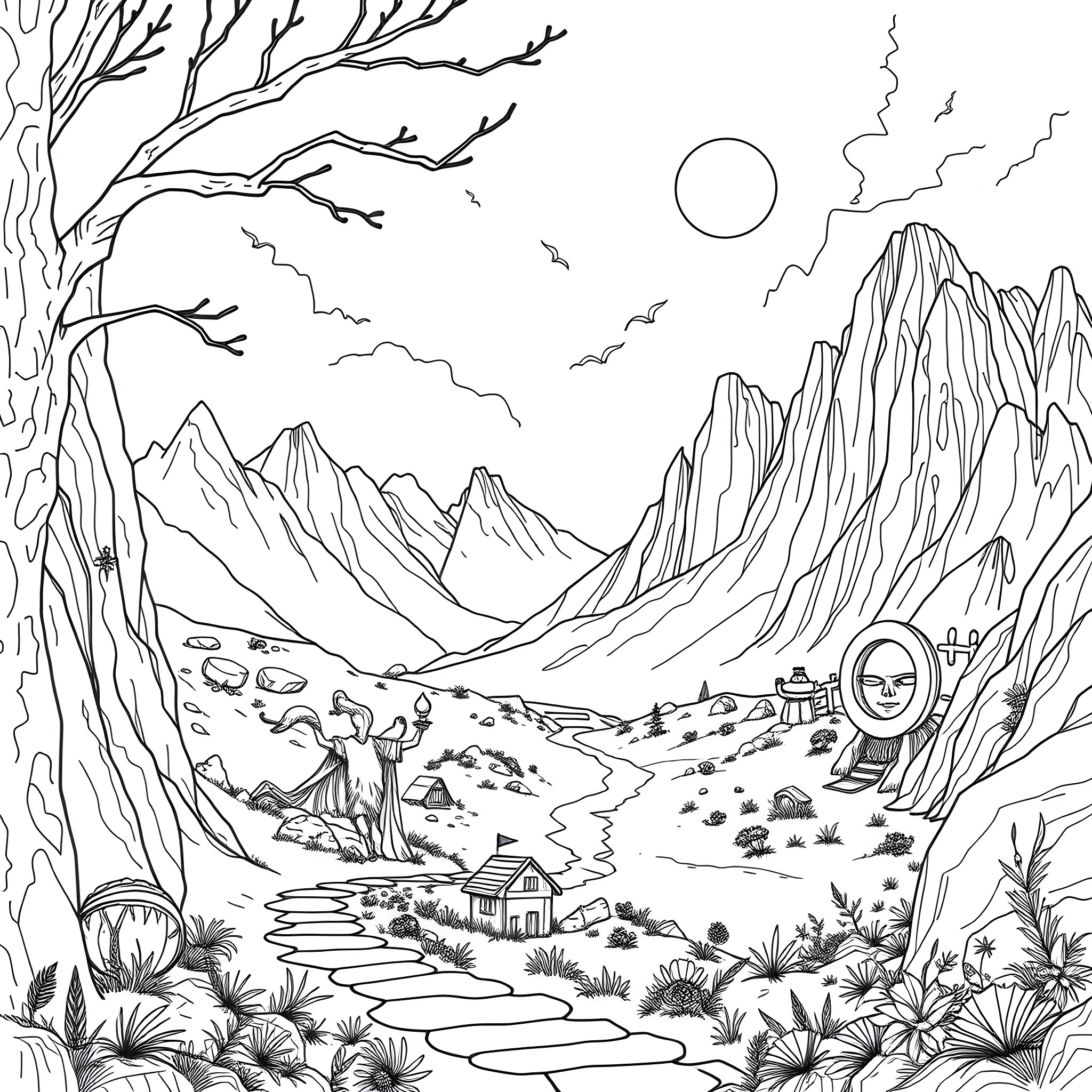 Lord of the Rings: Tranquil Middle-earth Landscape Coloring Page (free black-and-white line drawing printable PDF for all, from beginners to advanced learners, including children, teens, adults, and seniors)