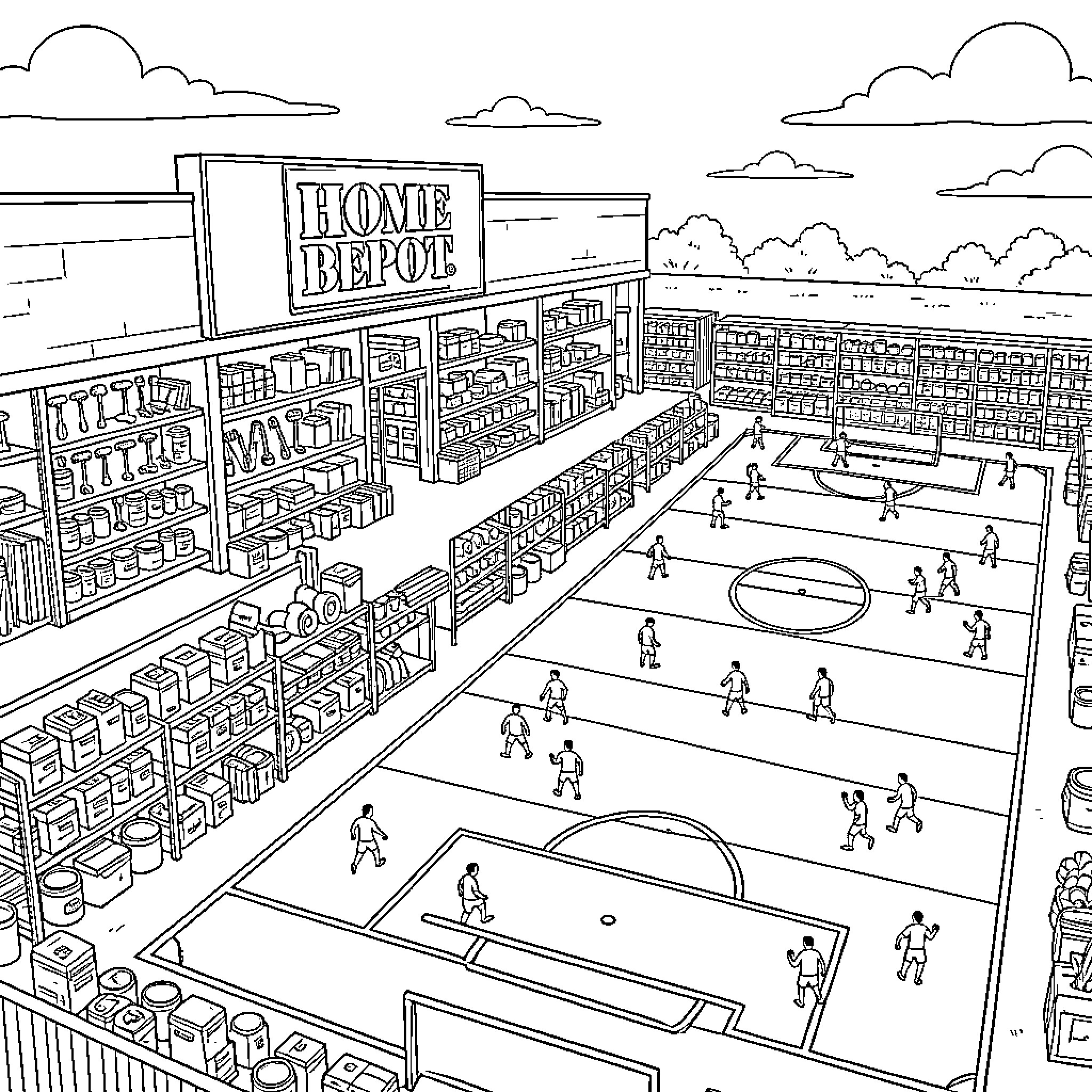 Home Depot transformed into a large soccer field Coloring Page (free black-and-white line drawing printable PDF for all, from beginners to advanced learners, including children, teens, adults, and seniors)