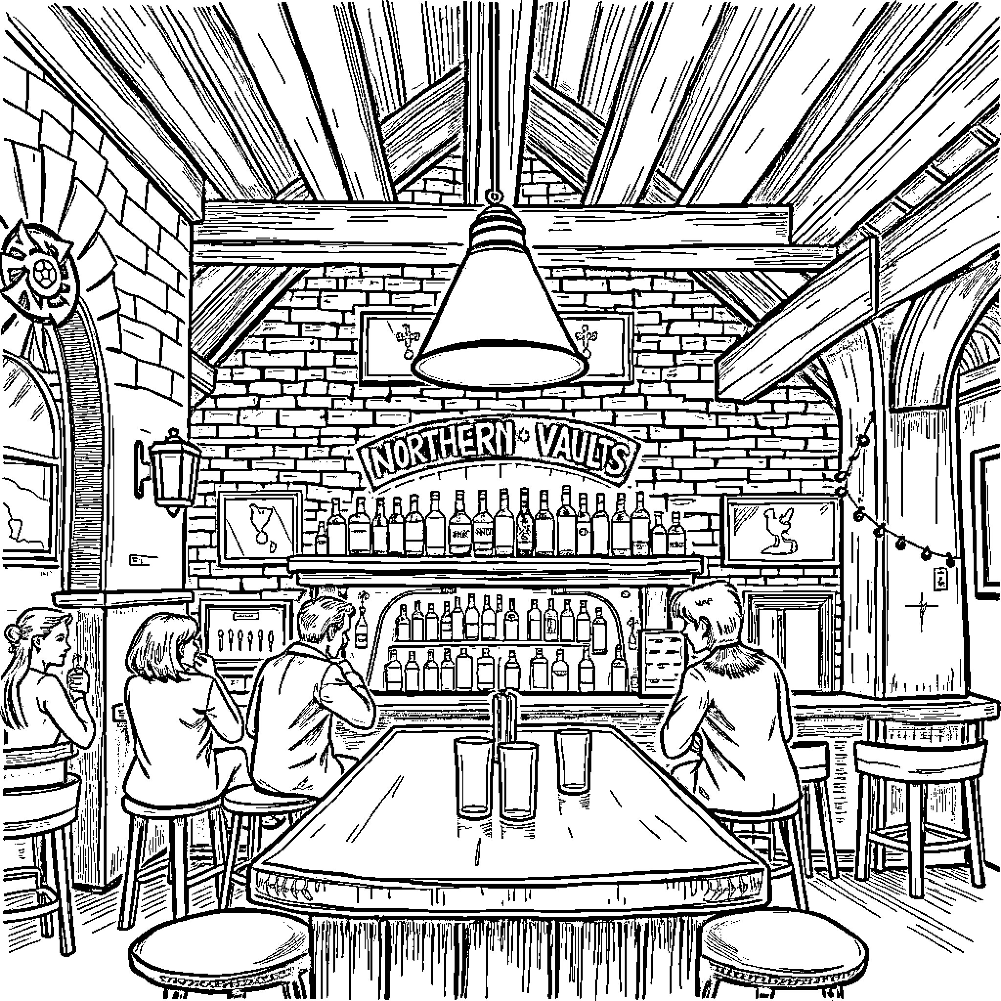 Bar patrons enjoying drinks and conversation Coloring Page (free black-and-white line drawing printable PDF for all, from beginners to advanced learners, including children, teens, adults, and seniors)