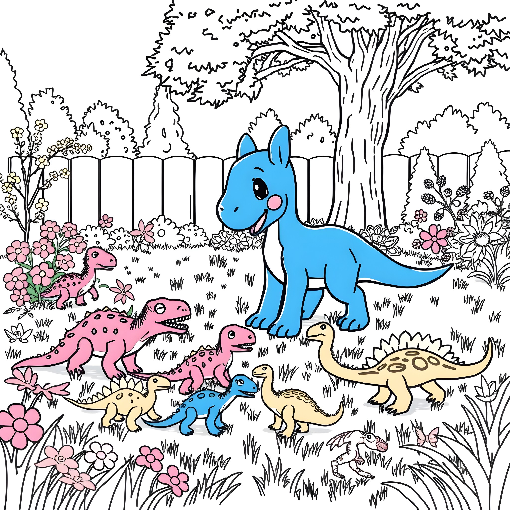 Bluey and Dinosaur Friends Explore the Backyard Coloring Page (free black-and-white line drawing printable PDF for all, from beginners to advanced learners, including children, teens, adults, and seniors)