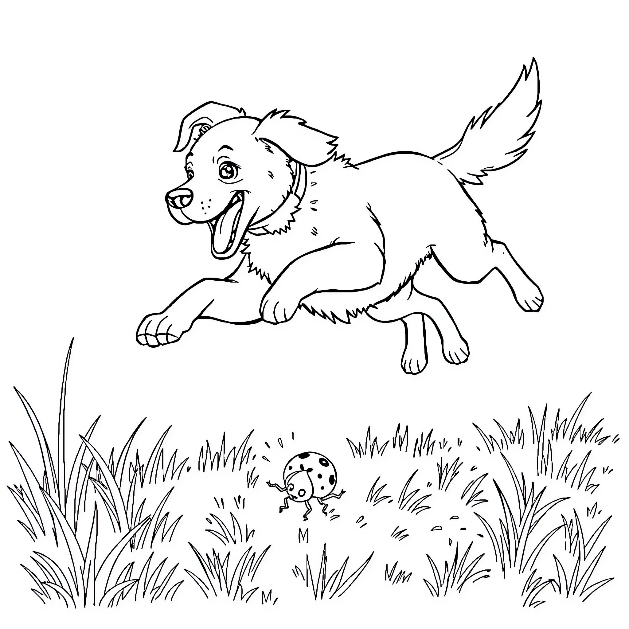 Dog happily running through the grass Coloring Page (free black-and-white line drawing printable PDF for all, from beginners to advanced learners, including children, teens, adults, and seniors)