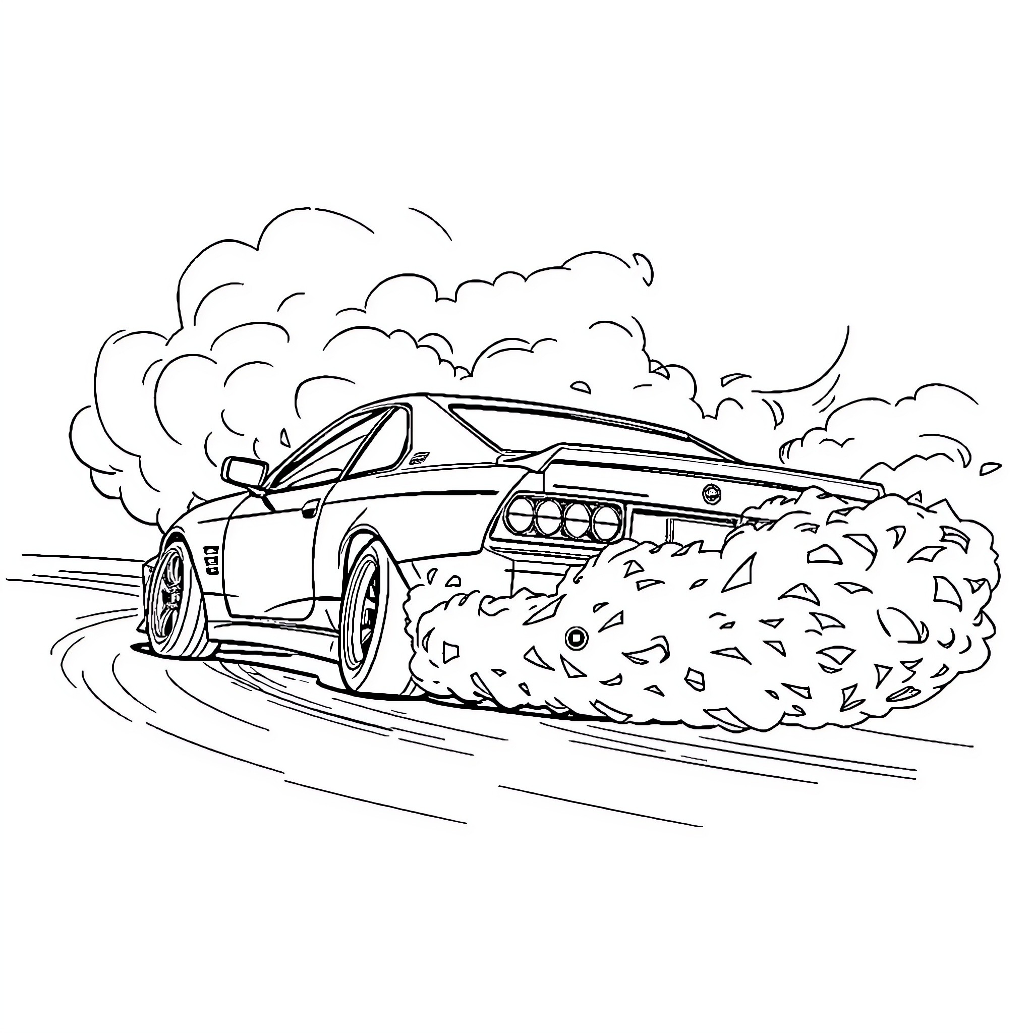 Car performing daring stunt on dusty road Coloring Page (free black-and-white line drawing printable PDF for all, from beginners to advanced learners, including children, teens, adults, and seniors)