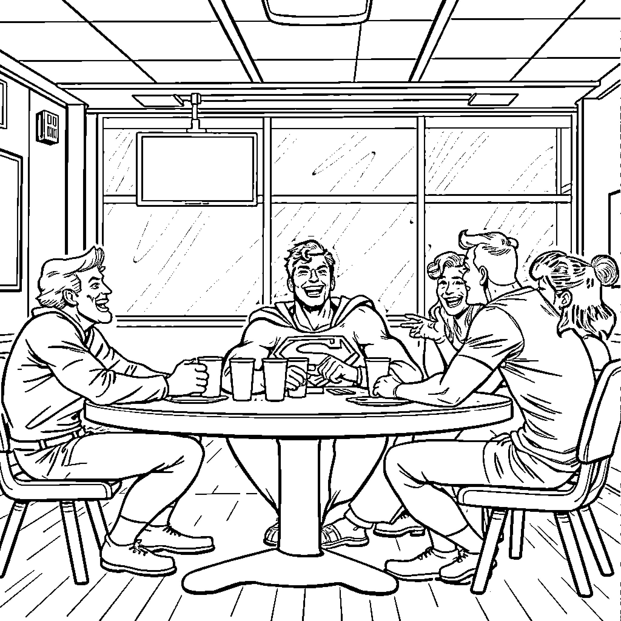 Superman meeting with colleagues in the office Coloring Page (free black-and-white line drawing printable PDF for all, from beginners to advanced learners, including children, teens, adults, and seniors)