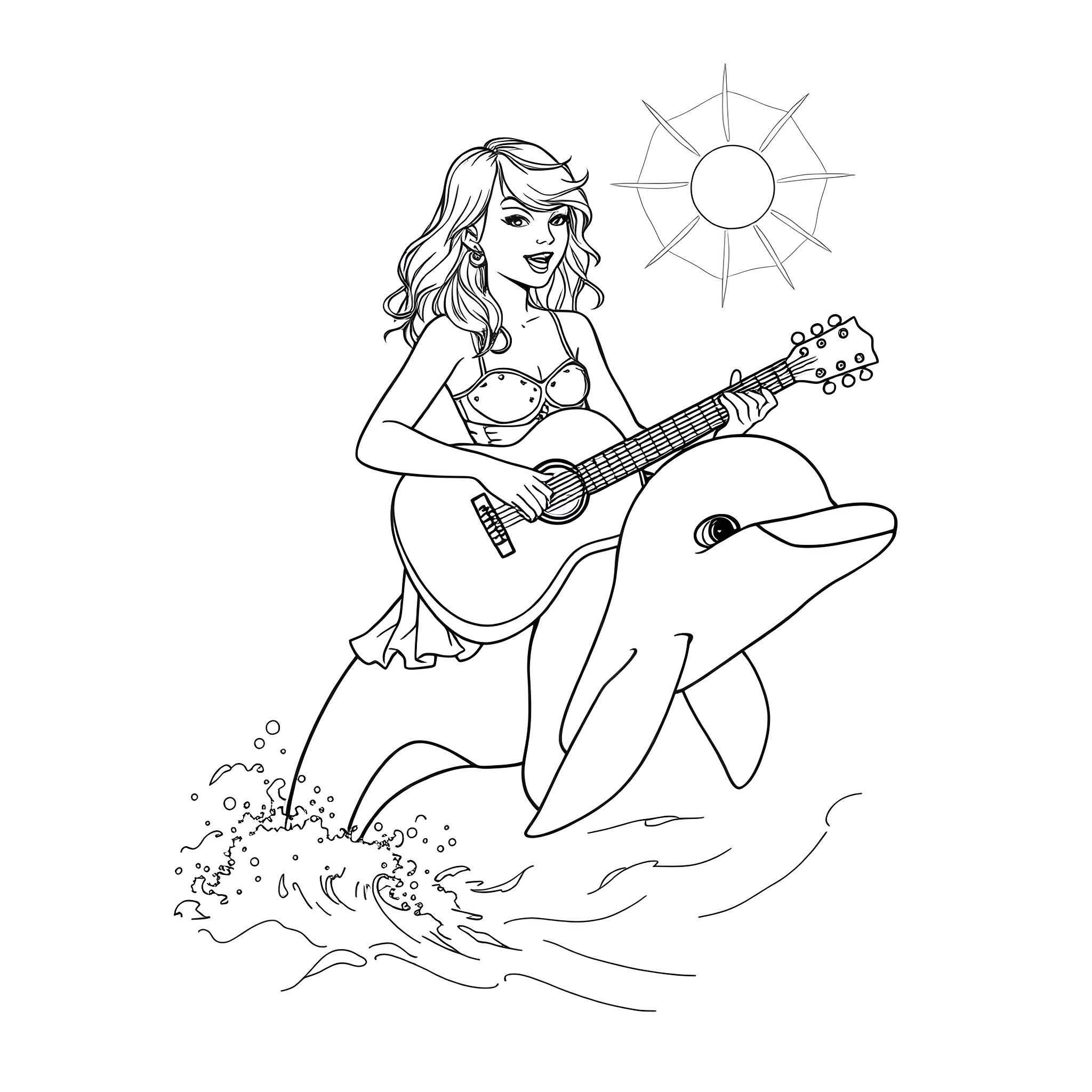 Taylor Swift performs beachside with a dolphin companion Coloring Page (free black-and-white line drawing printable PDF for all, from beginners to advanced learners, including children, teens, adults, and seniors)