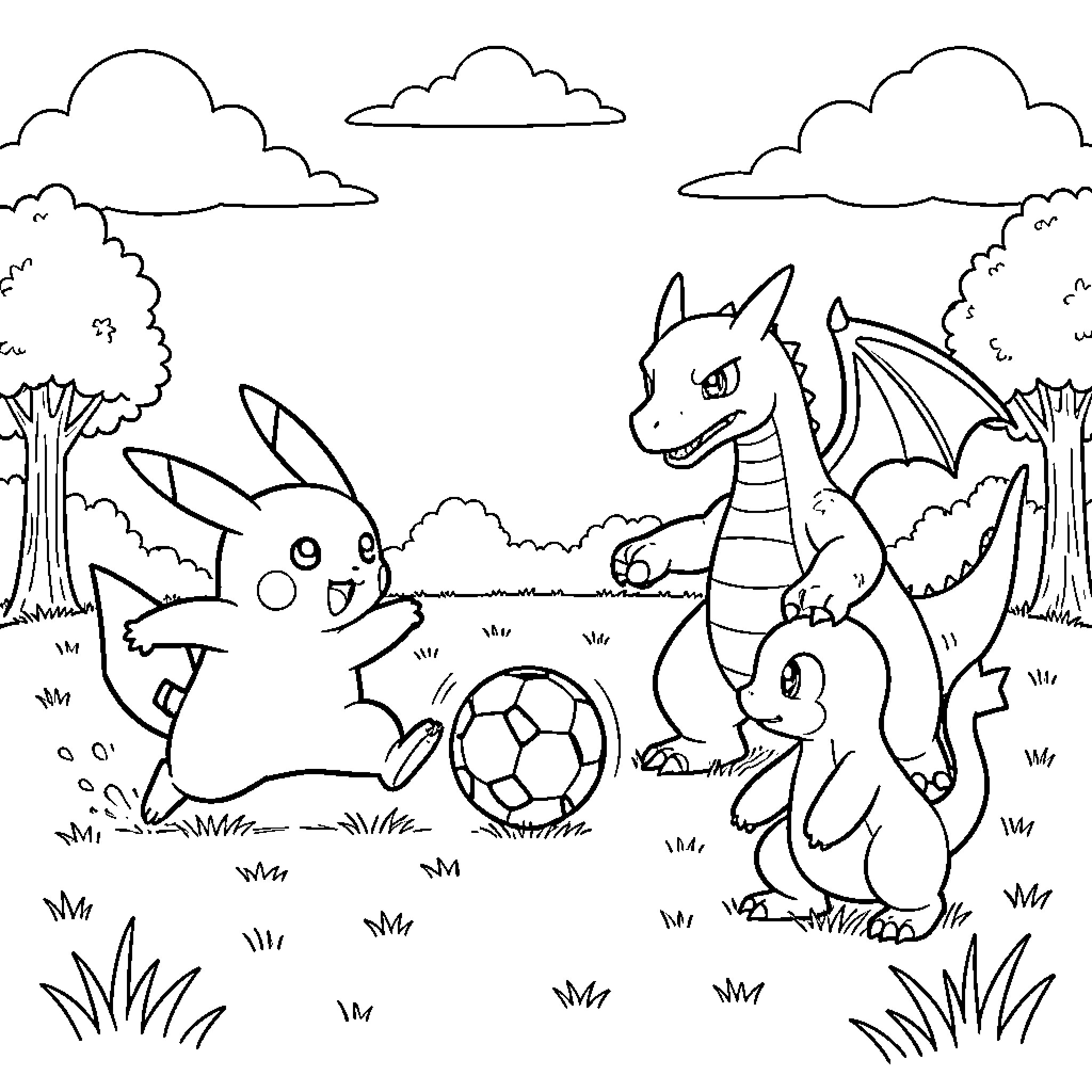 Pikachu playing soccer with Dragonite and Squirtle Coloring Page (free black-and-white line drawing printable PDF for all, from beginners to advanced learners, including children, teens, adults, and seniors)