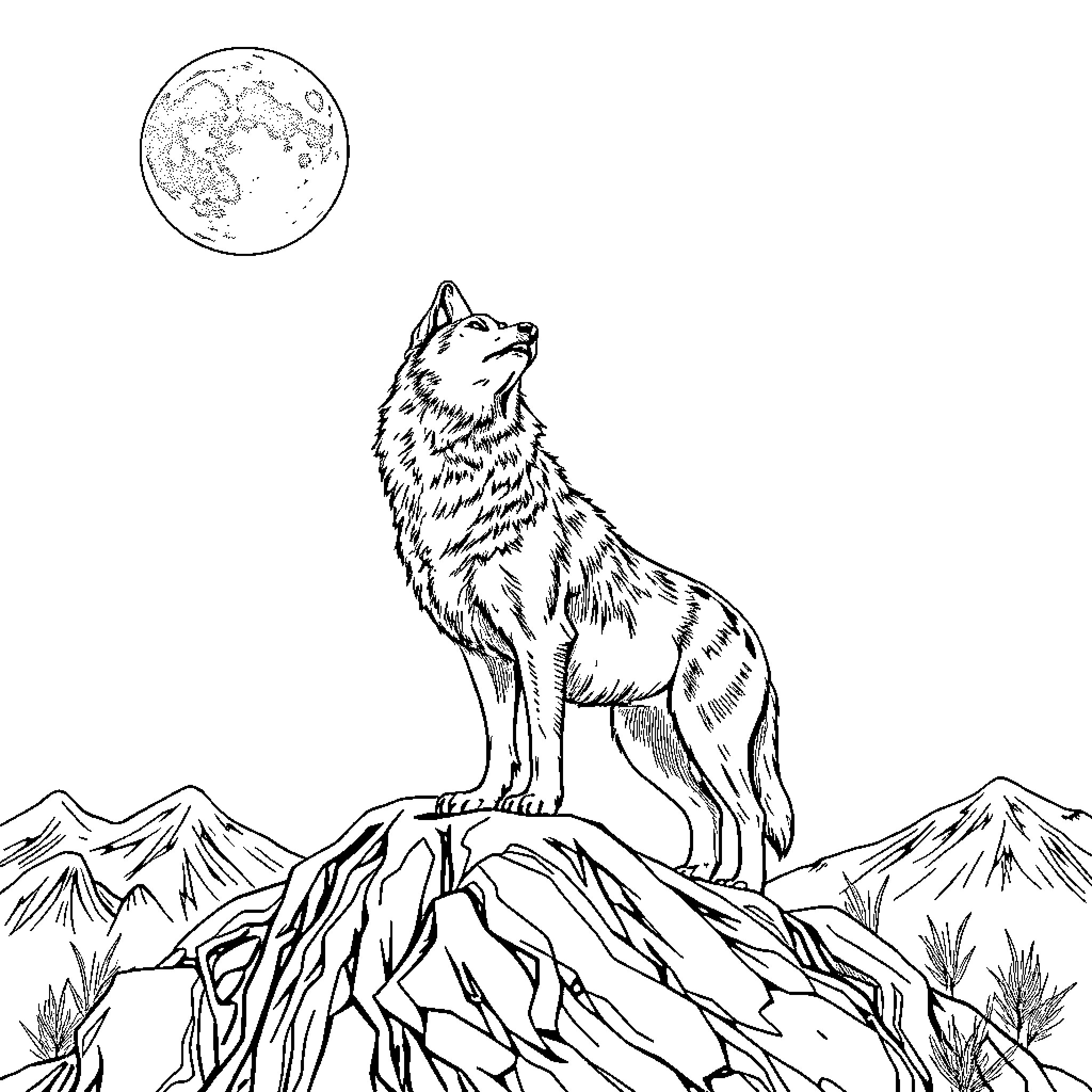 Wolf howling at the full moon on a mountain peak Coloring Page (free black-and-white line drawing printable PDF for all, from beginners to advanced learners, including children, teens, adults, and seniors)