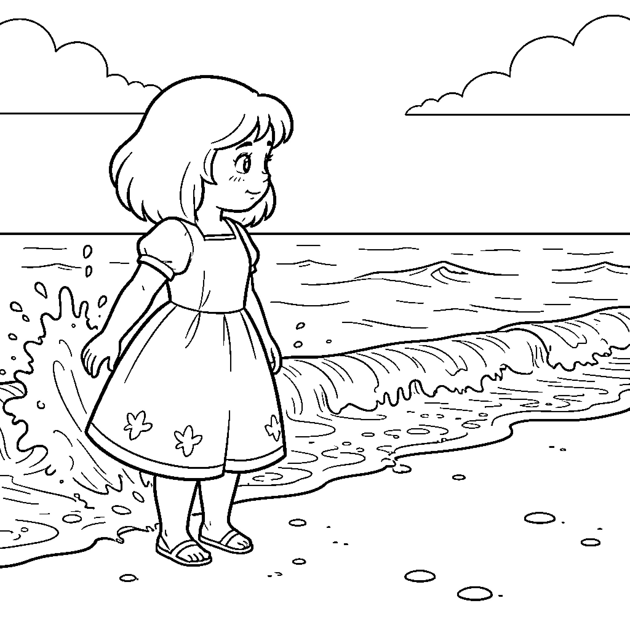 Dora standing by the waves at the beach Coloring Page (free black-and-white line drawing printable PDF for all, from beginners to advanced learners, including children, teens, adults, and seniors)