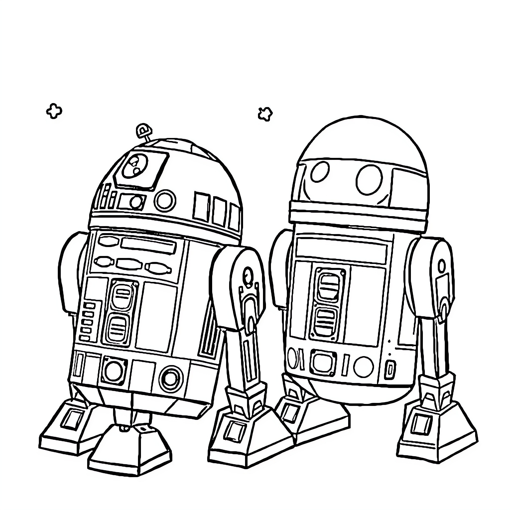 R2-D2 and companion robot duo in action Coloring Page (free black-and-white line drawing printable PDF for all, from beginners to advanced learners, including children, teens, adults, and seniors)