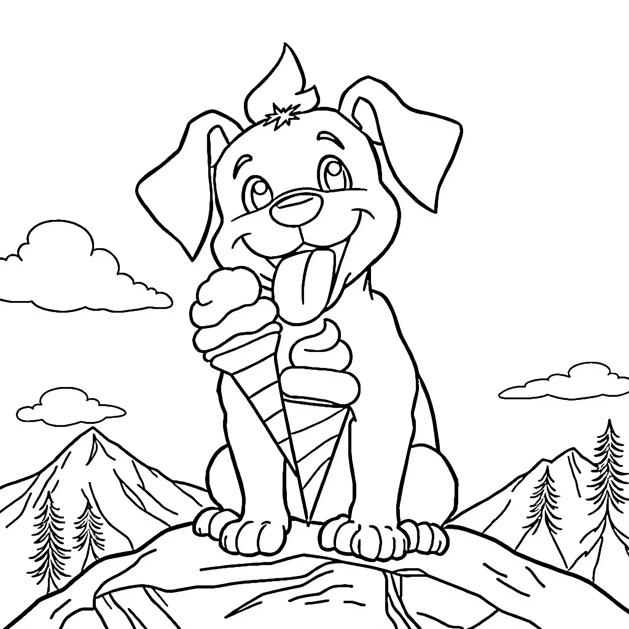 Dog enjoying an ice cream cone in the mountains Coloring Page (free black-and-white line drawing printable PDF for all, from beginners to advanced learners, including children, teens, adults, and seniors)