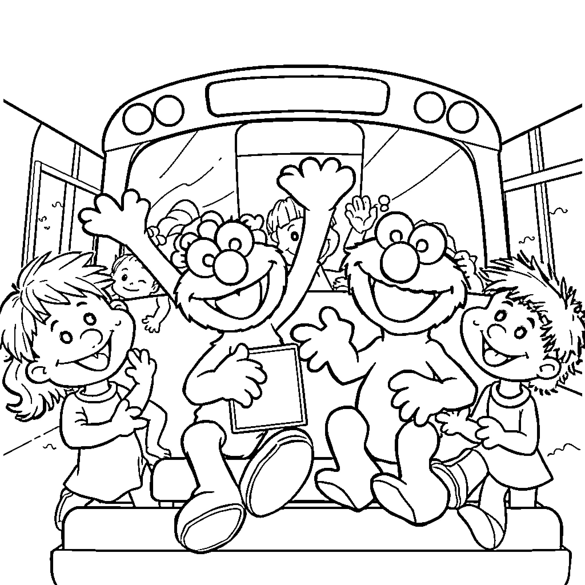 Bluey and friends waving happily on the school bus Coloring Page (free black-and-white line drawing printable PDF for all, from beginners to advanced learners, including children, teens, adults, and seniors)