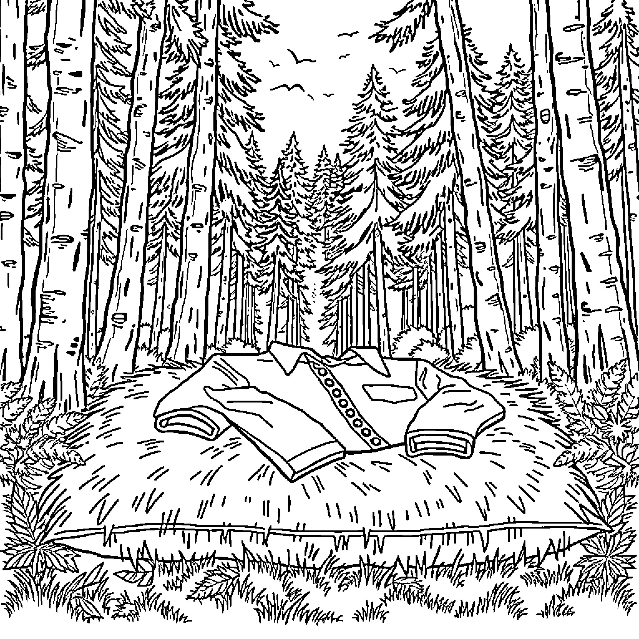 Shirt of a person reading in a serene forest Coloring Page (free black-and-white line drawing printable PDF for all, from beginners to advanced learners, including children, teens, adults, and seniors)
