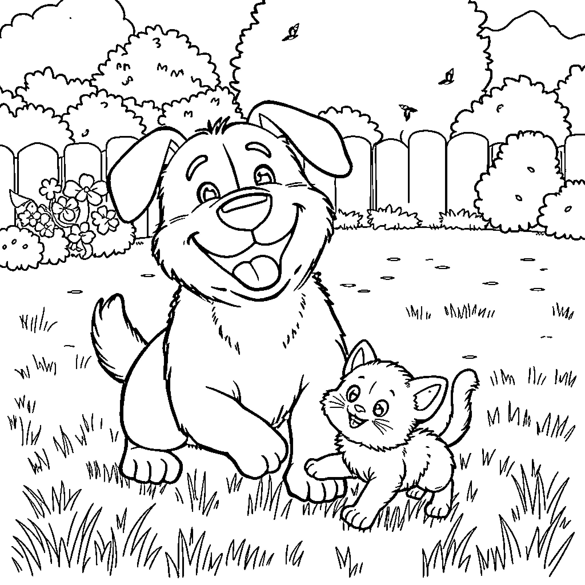 Dog and Kitten Exploring Outdoors Coloring Page (free black-and-white line drawing printable PDF for all, from beginners to advanced learners, including children, teens, adults, and seniors)