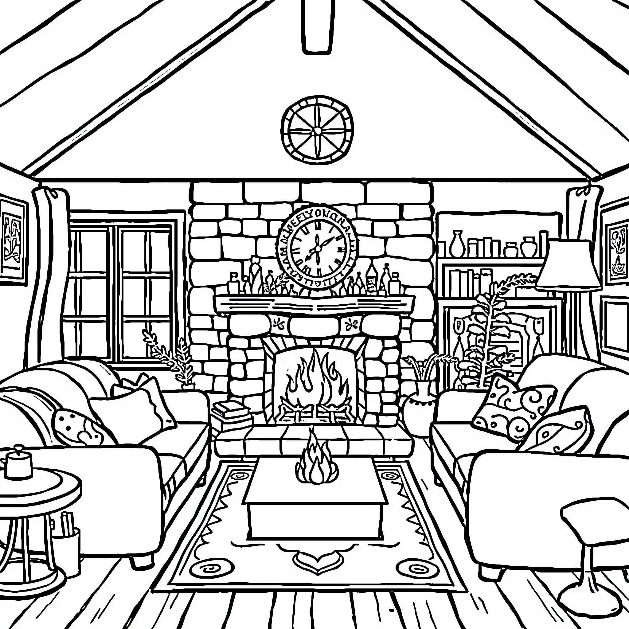 House with cozy fireplace scene Coloring Page (free black-and-white line drawing printable PDF for all, from beginners to advanced learners, including children, teens, adults, and seniors)