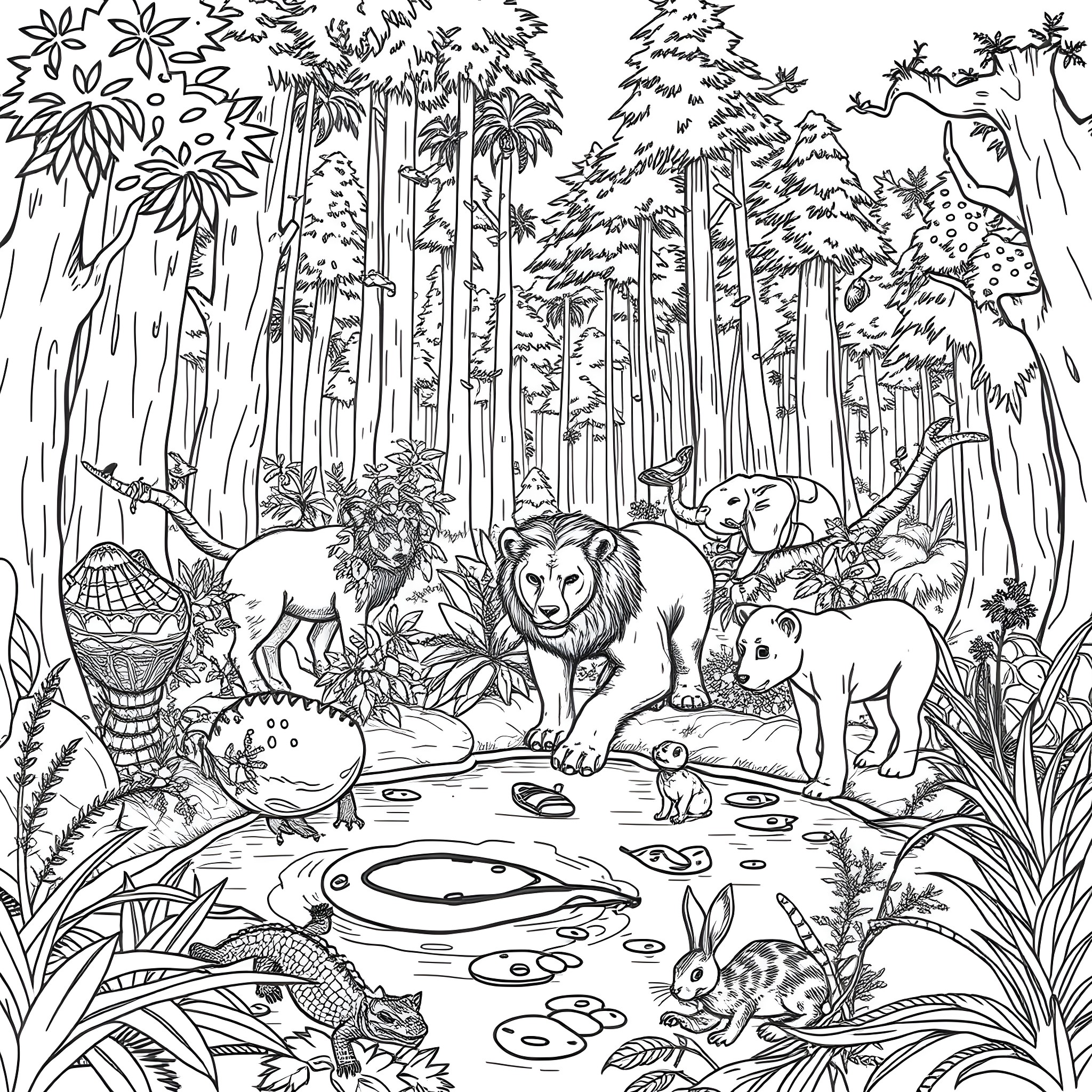 Animal Creatures in Lush Jungle Landscape Coloring Page (free black-and-white line drawing printable PDF for all, from beginners to advanced learners, including children, teens, adults, and seniors)