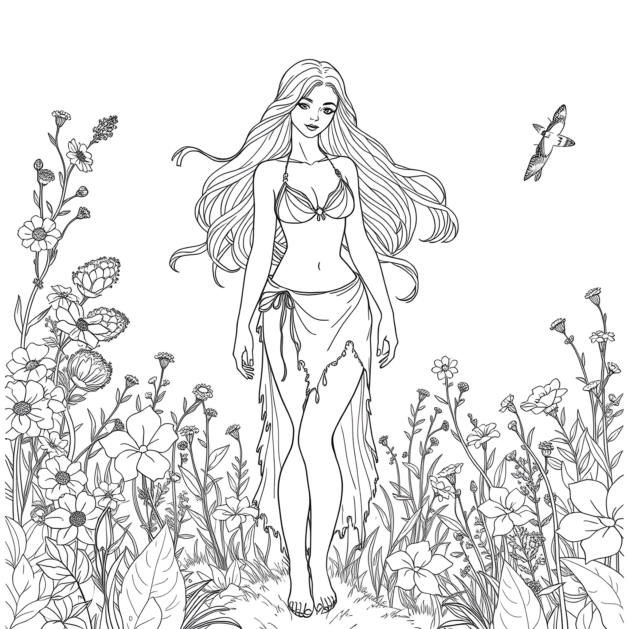 Goddess in a Floral Wonderland Coloring Page (free black-and-white line drawing printable PDF for all, from beginners to advanced learners, including children, teens, adults, and seniors)