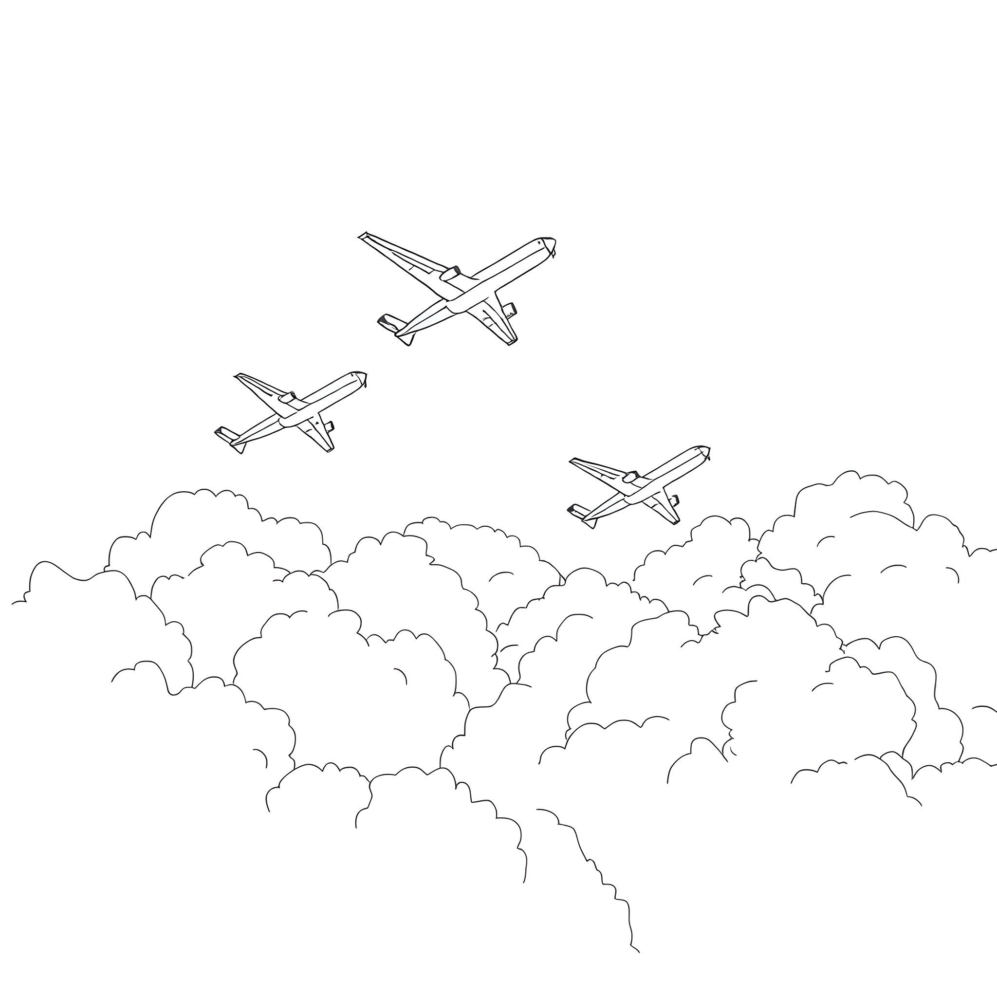 Airplane flying above the clouds Coloring Page (free black-and-white line drawing printable PDF for all, from beginners to advanced learners, including children, teens, adults, and seniors)