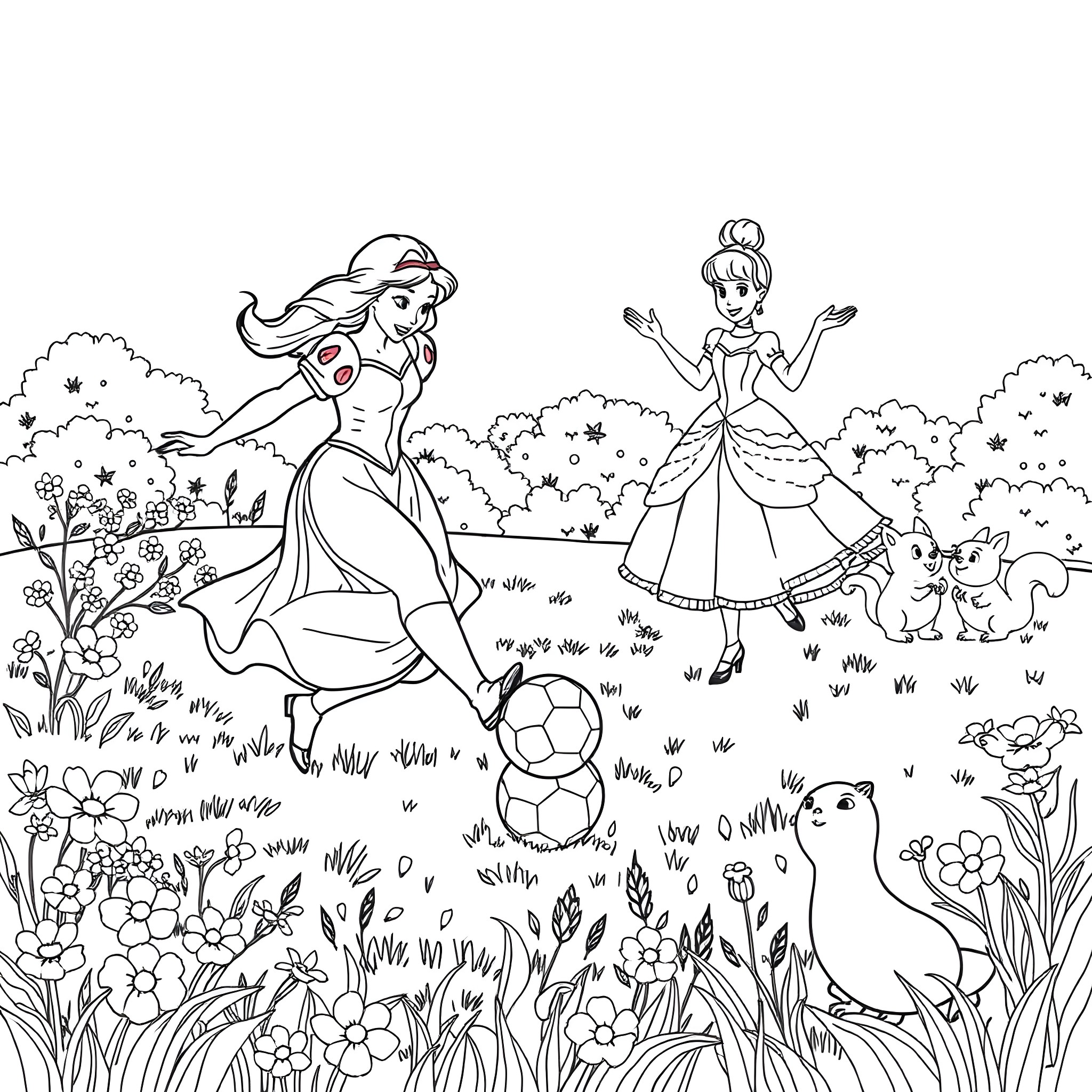 Snow White Playing Soccer with Princess in a Floral Garden Coloring Page (free black-and-white line drawing printable PDF for all, from beginners to advanced learners, including children, teens, adults, and seniors)