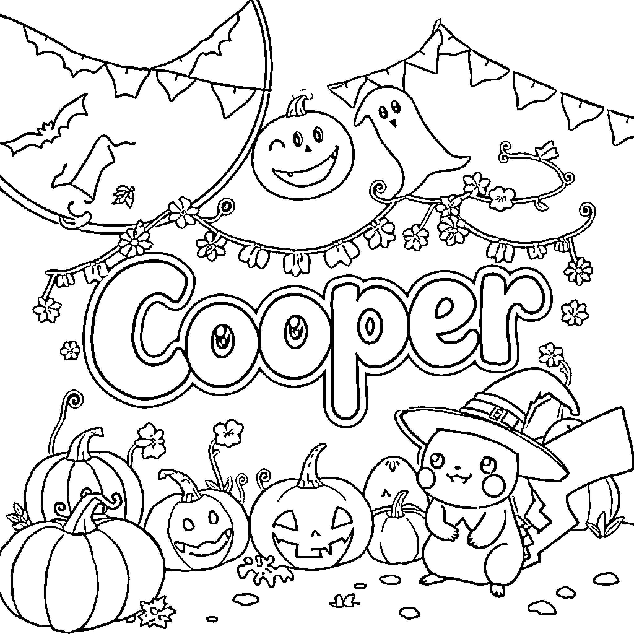 Cooper's Halloween Party with Pumpkins and Ghosts Coloring Page (free black-and-white line drawing printable PDF for all, from beginners to advanced learners, including children, teens, adults, and seniors)