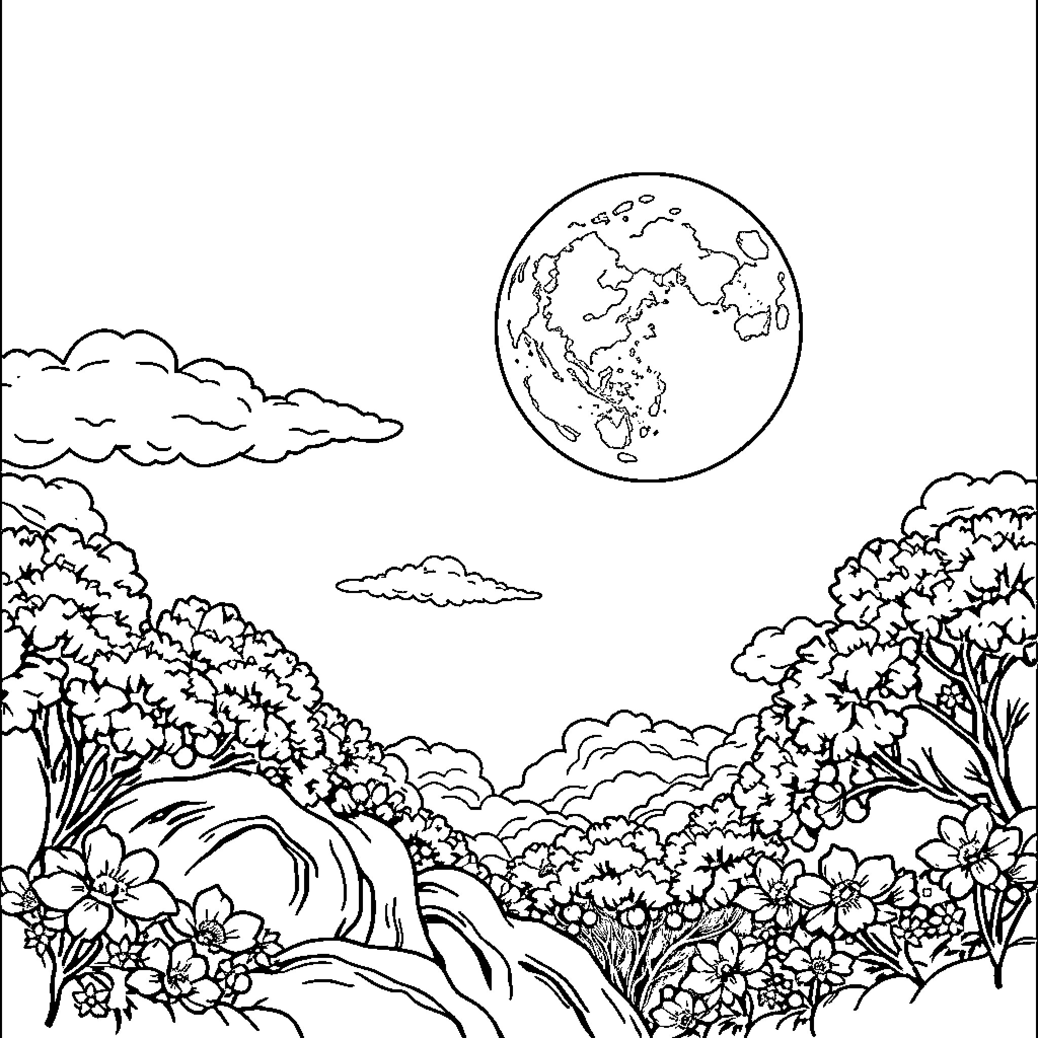 Full landscape with lush vegetation and celestial sphere Coloring Page (free black-and-white line drawing printable PDF for all, from beginners to advanced learners, including children, teens, adults, and seniors)