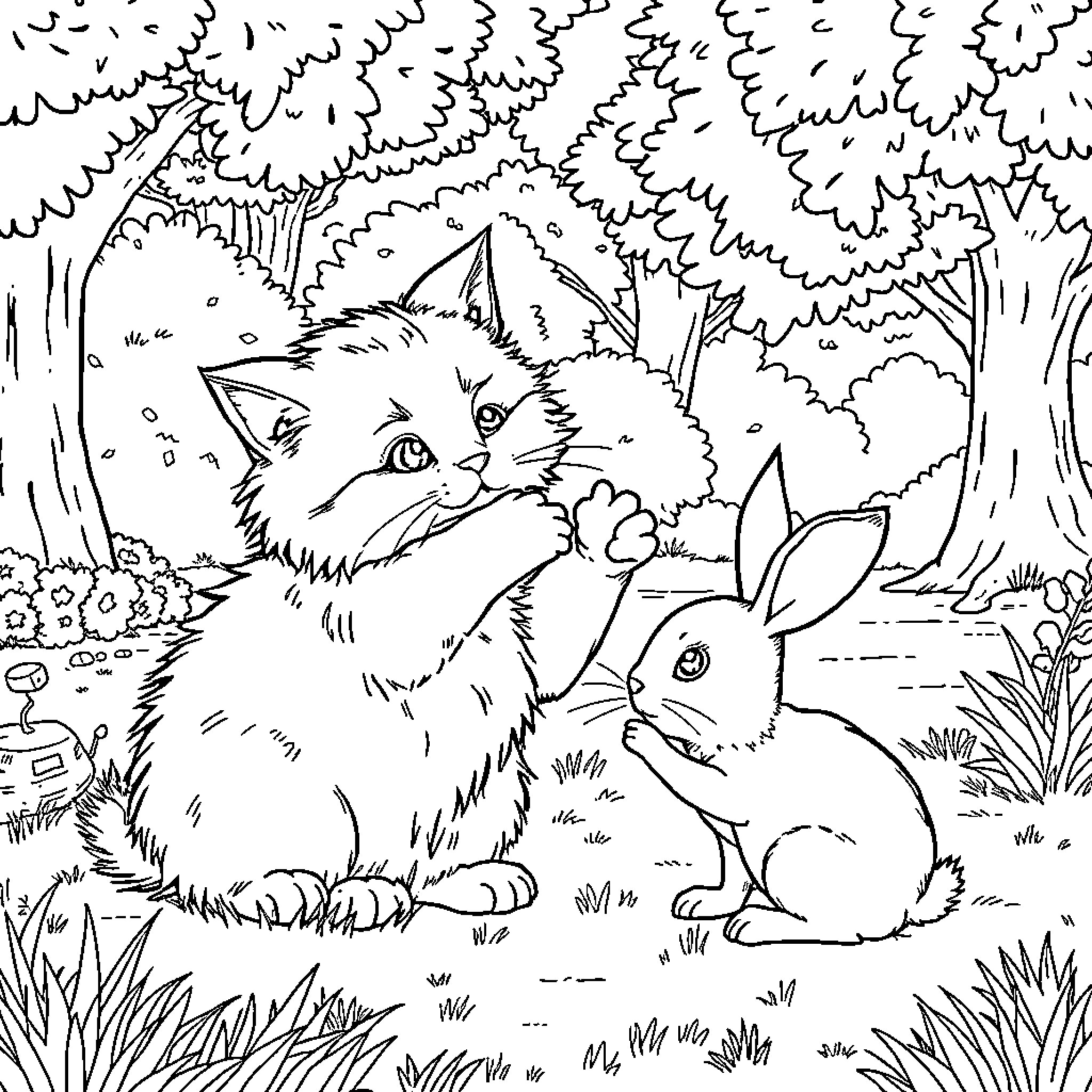Cat Exploring the Forest with Rabbit Companion Coloring Page (free black-and-white line drawing printable PDF for all, from beginners to advanced learners, including children, teens, adults, and seniors)