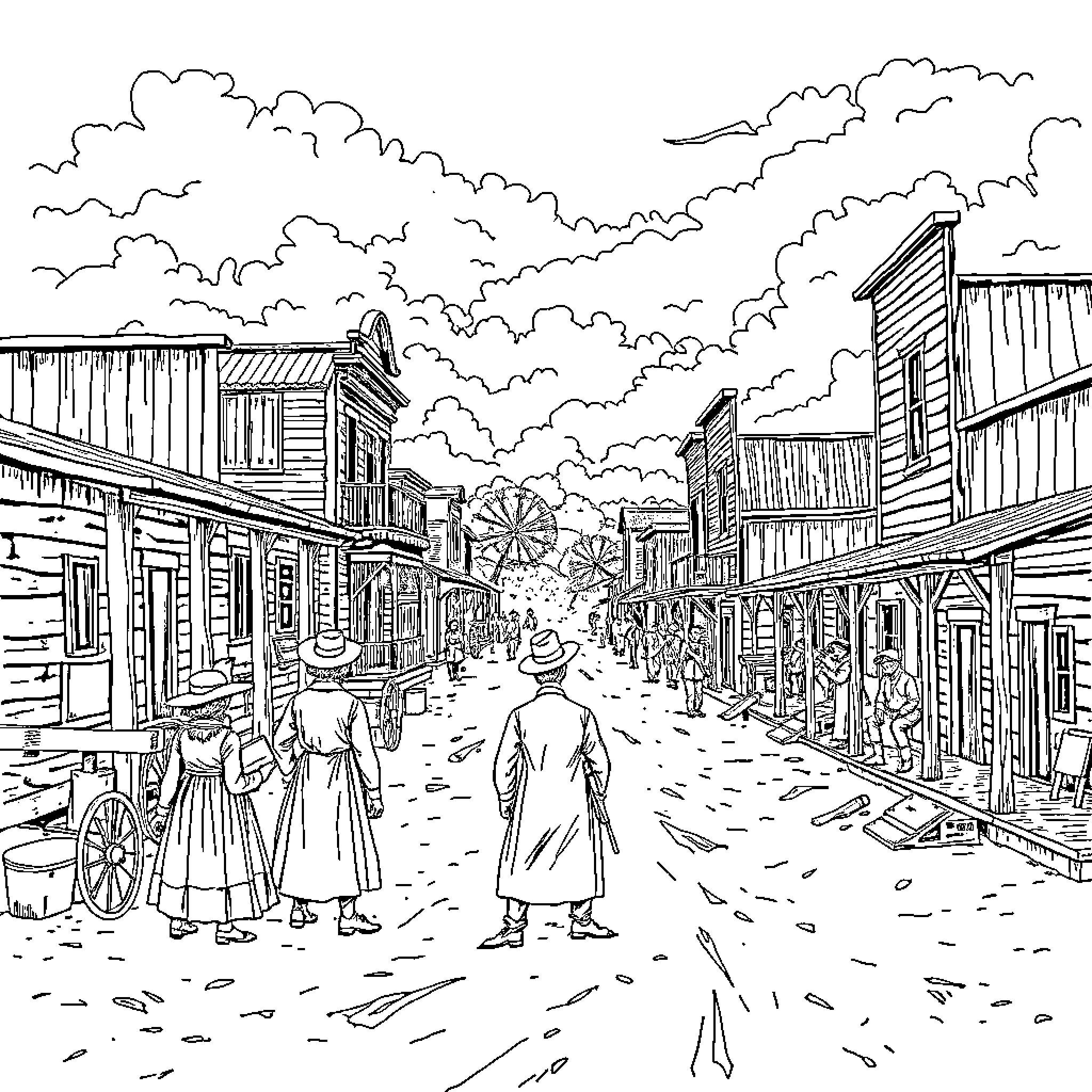 Dallas Wild West Town Bustling with Activity Coloring Page (free black-and-white line drawing printable PDF for all, from beginners to advanced learners, including children, teens, adults, and seniors)