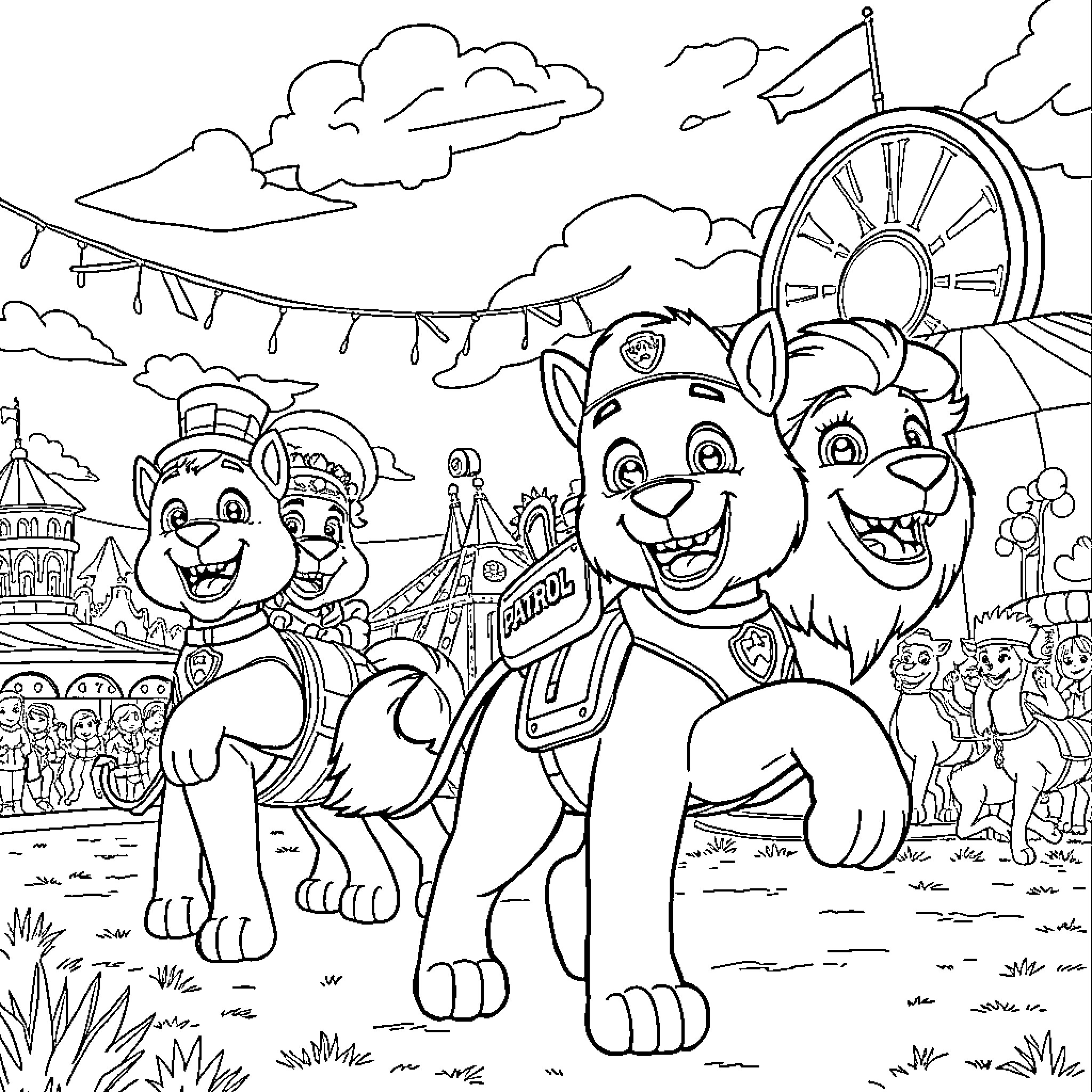 Paw Patrol Pups in Circus Adventure Coloring Page (free black-and-white line drawing printable PDF for all, from beginners to advanced learners, including children, teens, adults, and seniors)