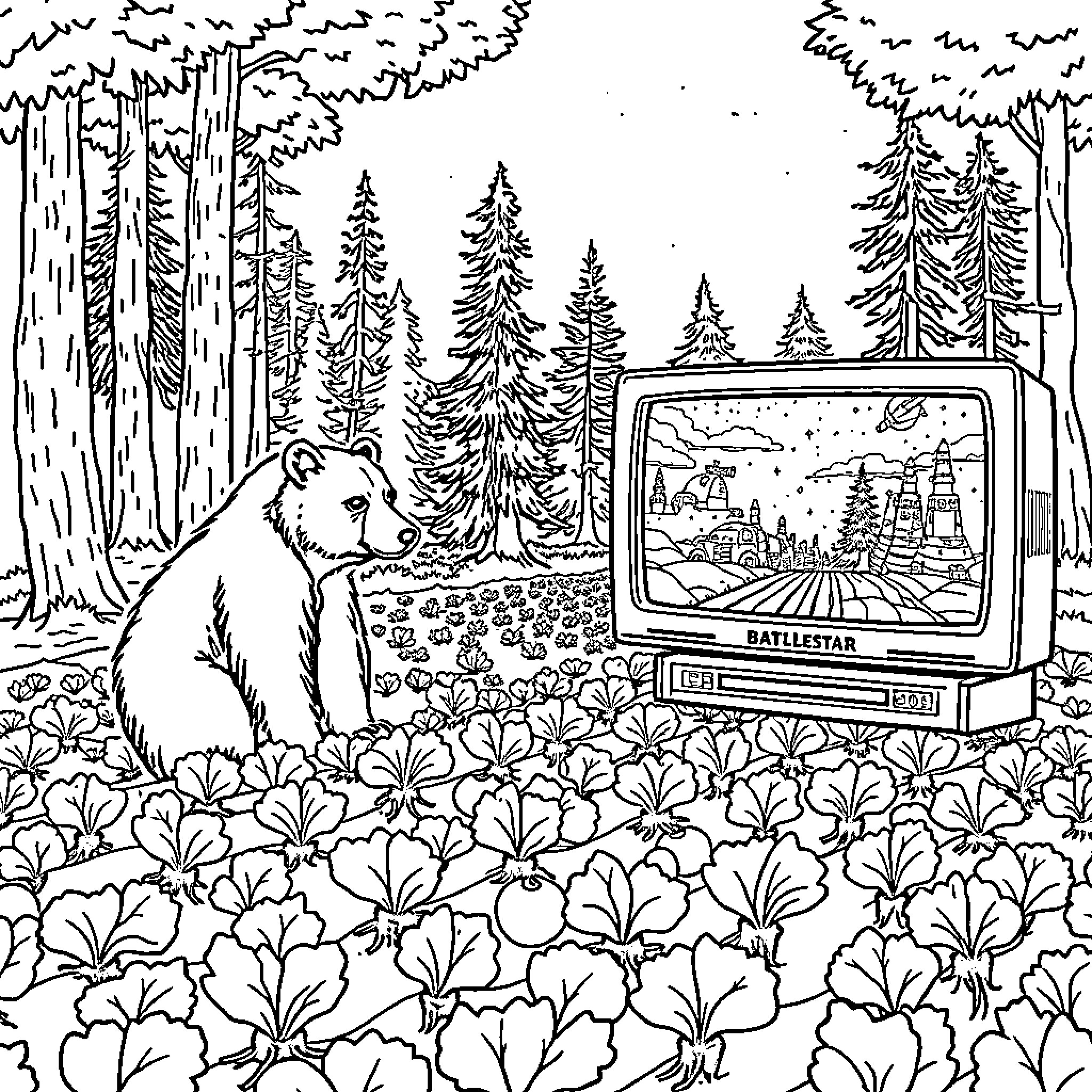Bear enjoying nature and modern technology Coloring Page (free black-and-white line drawing printable PDF for all, from beginners to advanced learners, including children, teens, adults, and seniors)