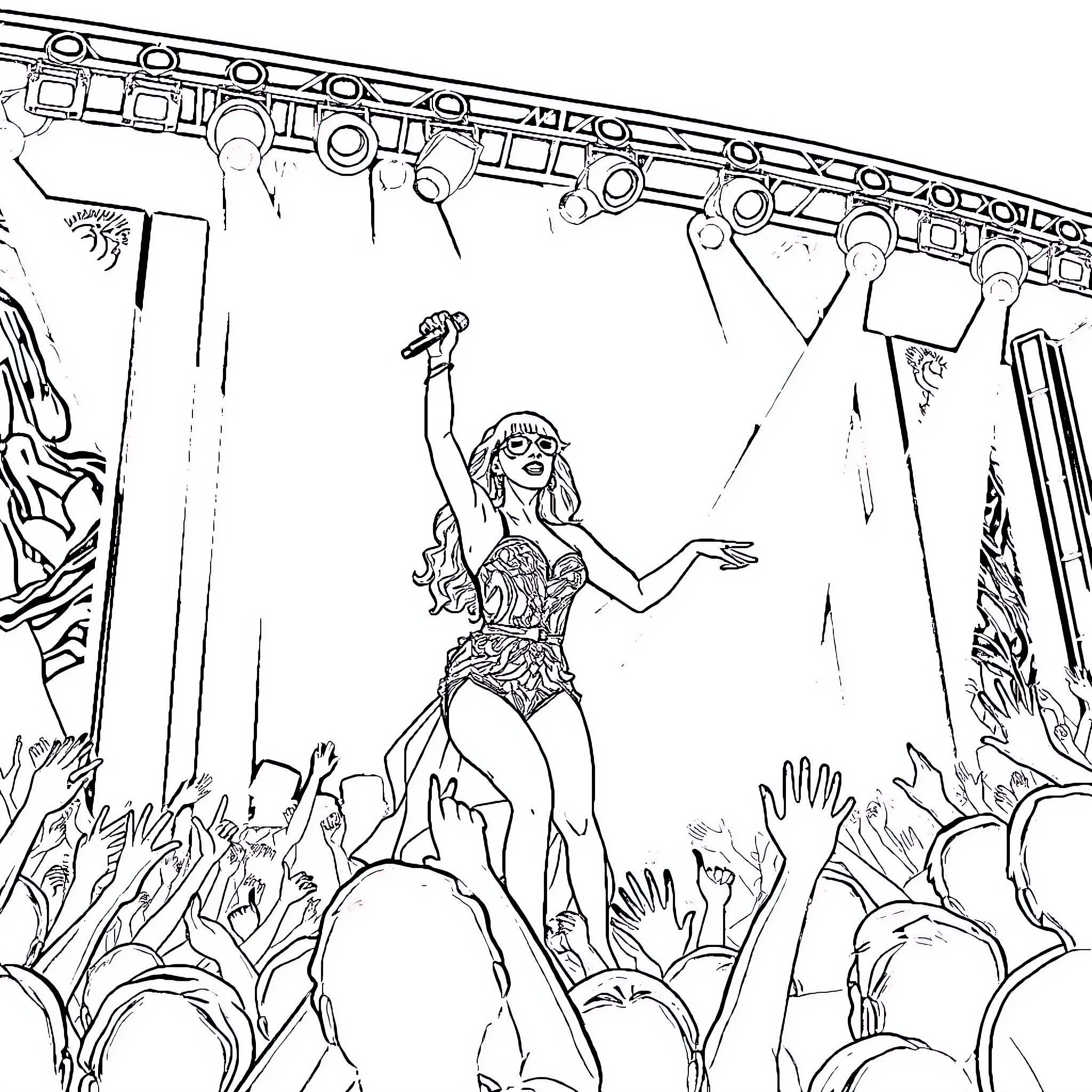 Lady Gaga performing energetically on stage Coloring Page (free black-and-white line drawing printable PDF for all, from beginners to advanced learners, including children, teens, adults, and seniors)