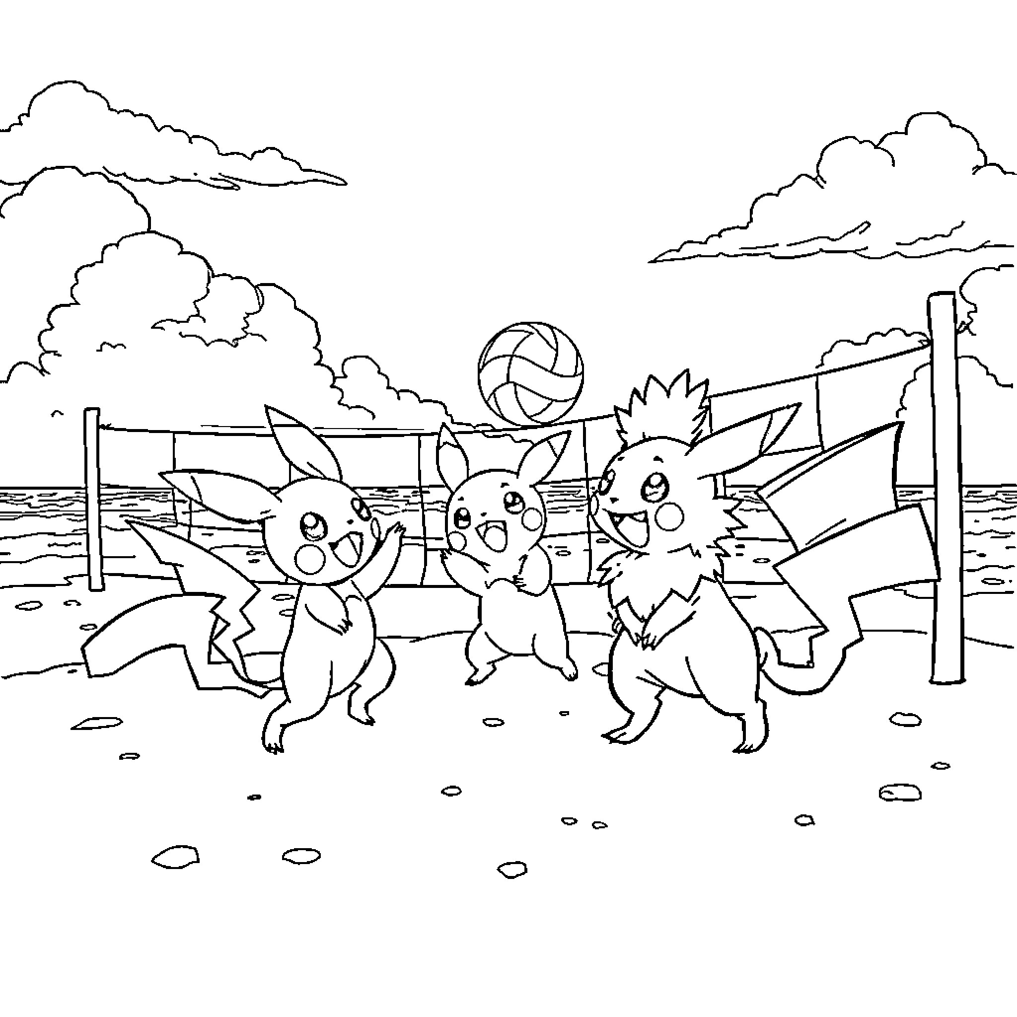 Pokémon playing together on the beach Coloring Page (free black-and-white line drawing printable PDF for all, from beginners to advanced learners, including children, teens, adults, and seniors)