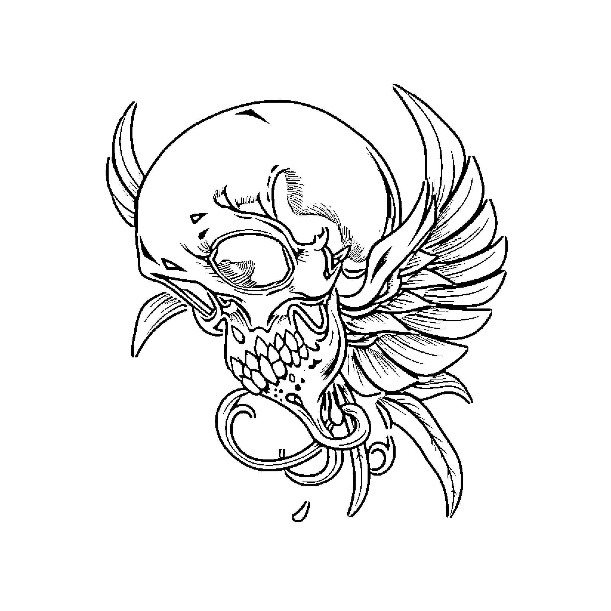 Tattoo of a winged skull with intricate design Coloring Page (free black-and-white line drawing printable PDF for all, from beginners to advanced learners, including children, teens, adults, and seniors)