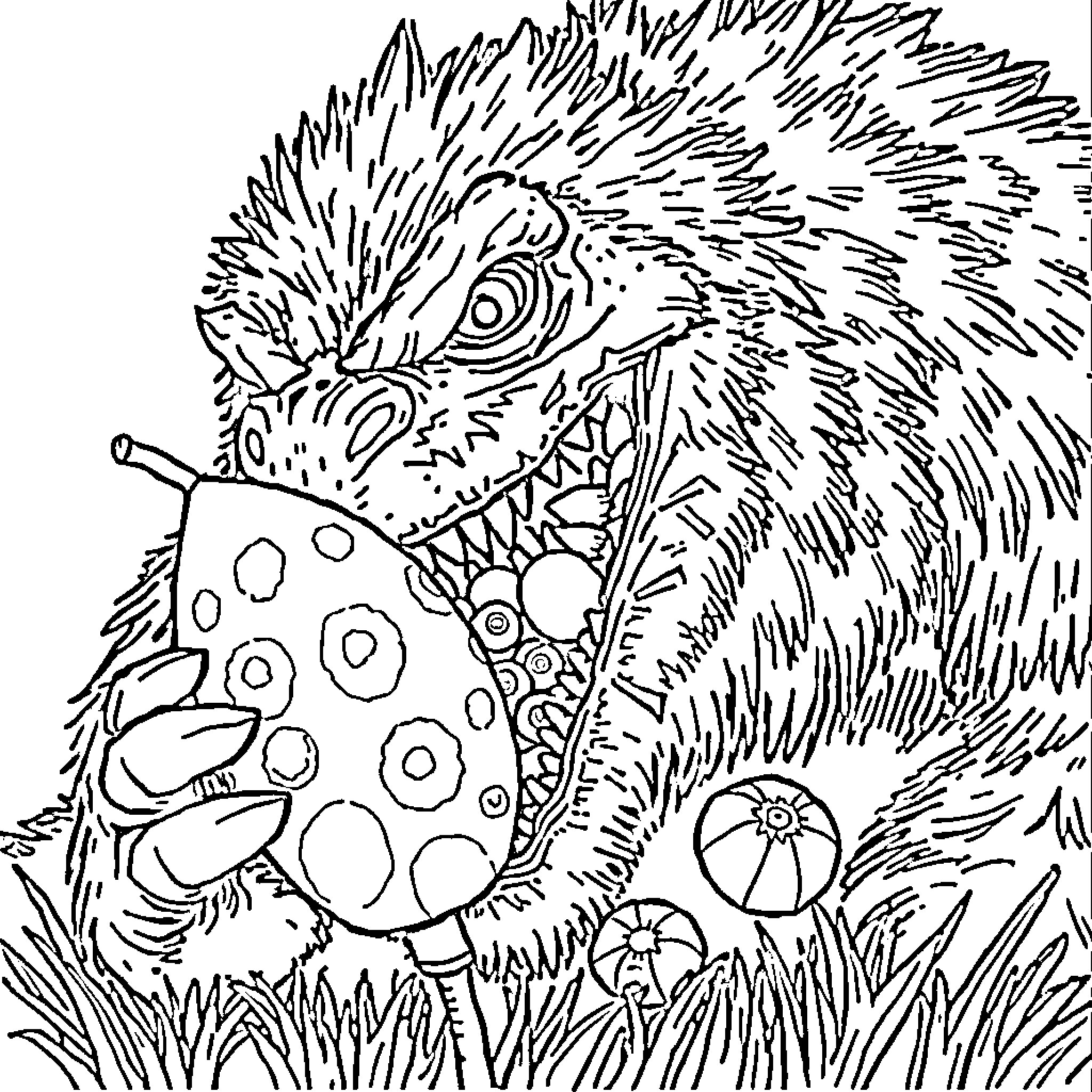 Monster Hedgehog's Colorful Adventure in the Woods Coloring Page (free black-and-white line drawing printable PDF for all, from beginners to advanced learners, including children, teens, adults, and seniors)
