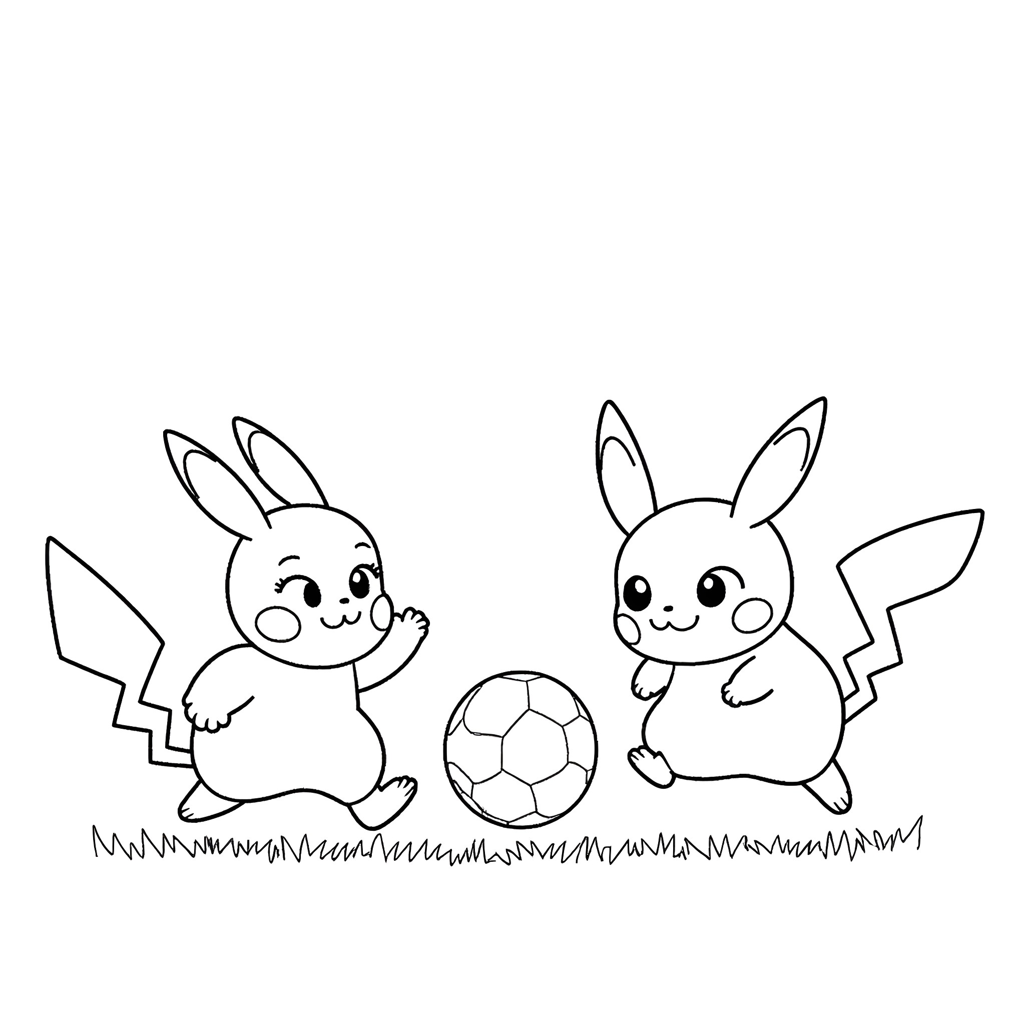 Pokémon playing happily with a soccer ball Coloring Page (free black-and-white line drawing printable PDF for all, from beginners to advanced learners, including children, teens, adults, and seniors)