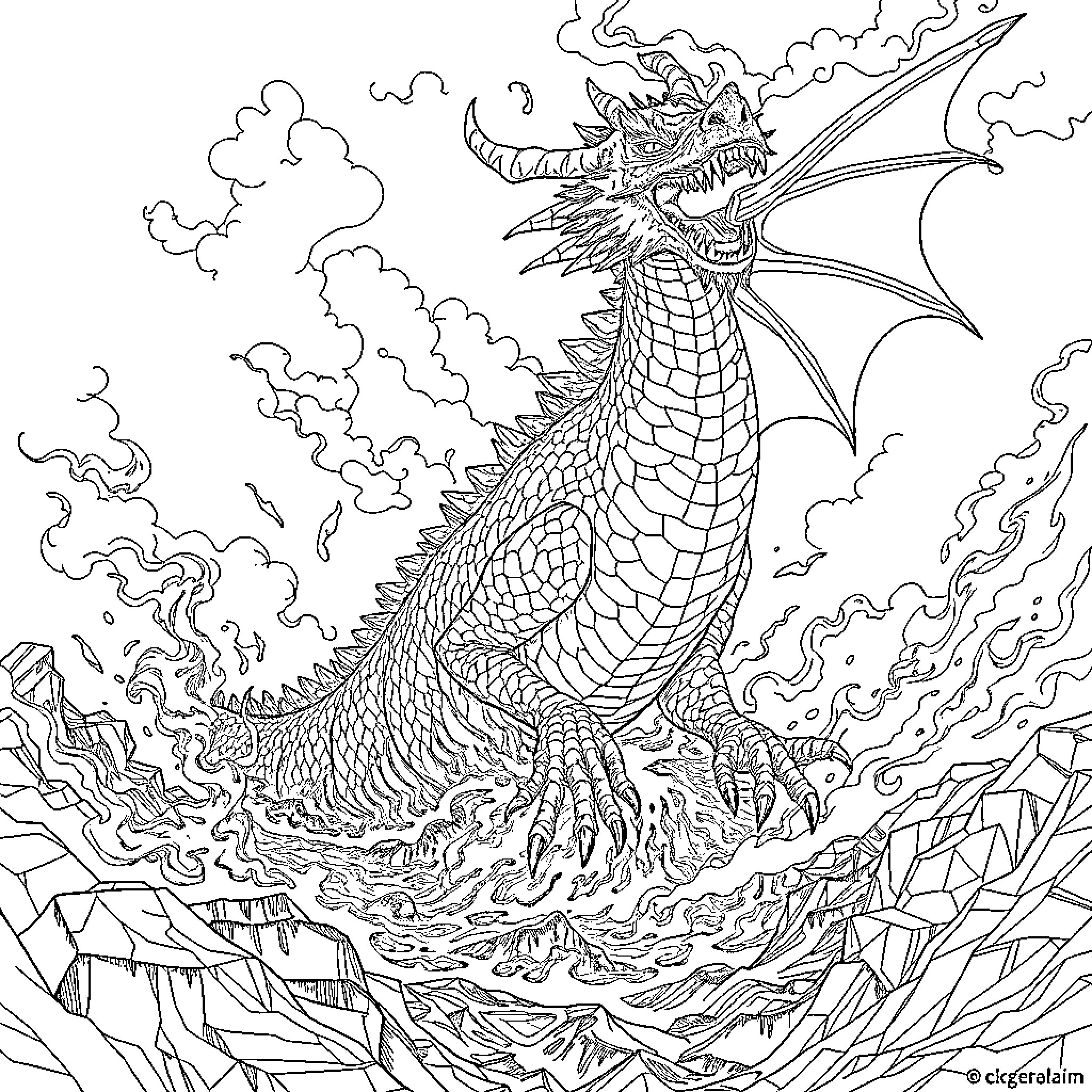 Dragon Soaring Majestically Through Stormy Skies Coloring Page (free black-and-white line drawing printable PDF for all, from beginners to advanced learners, including children, teens, adults, and seniors)