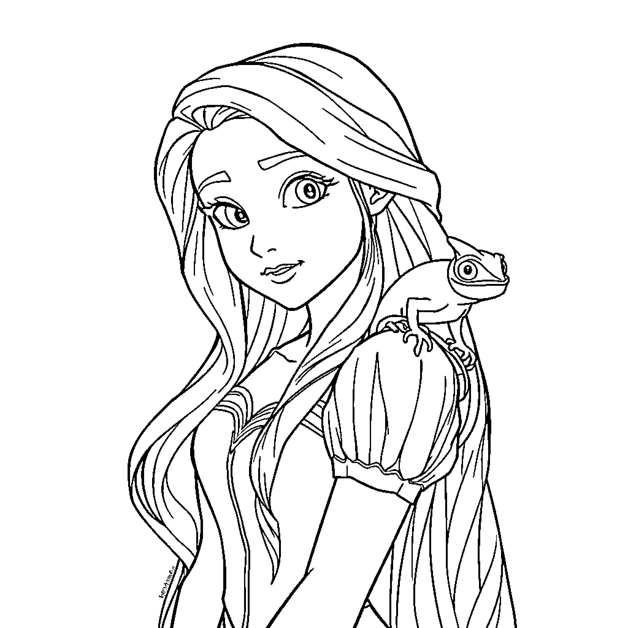 Rapunzel and her Chameleon Companion Coloring Page (free black-and-white line drawing printable PDF for all, from beginners to advanced learners, including children, teens, adults, and seniors)