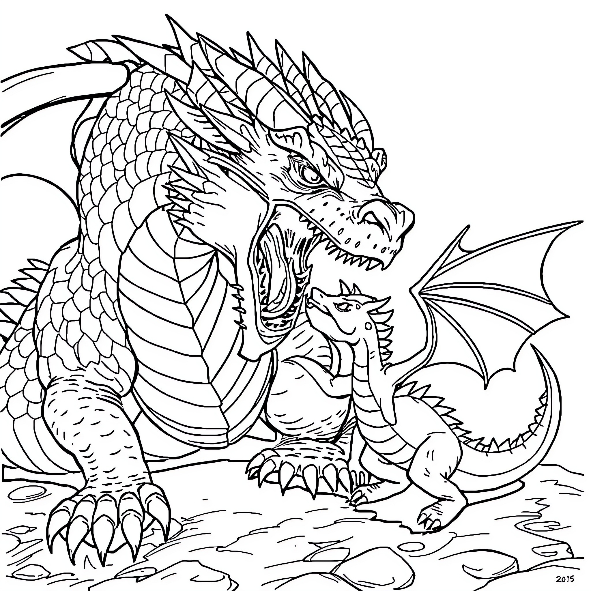 Dragon roaring ferociously in the wilderness Coloring Page (free black-and-white line drawing printable PDF for all, from beginners to advanced learners, including children, teens, adults, and seniors)