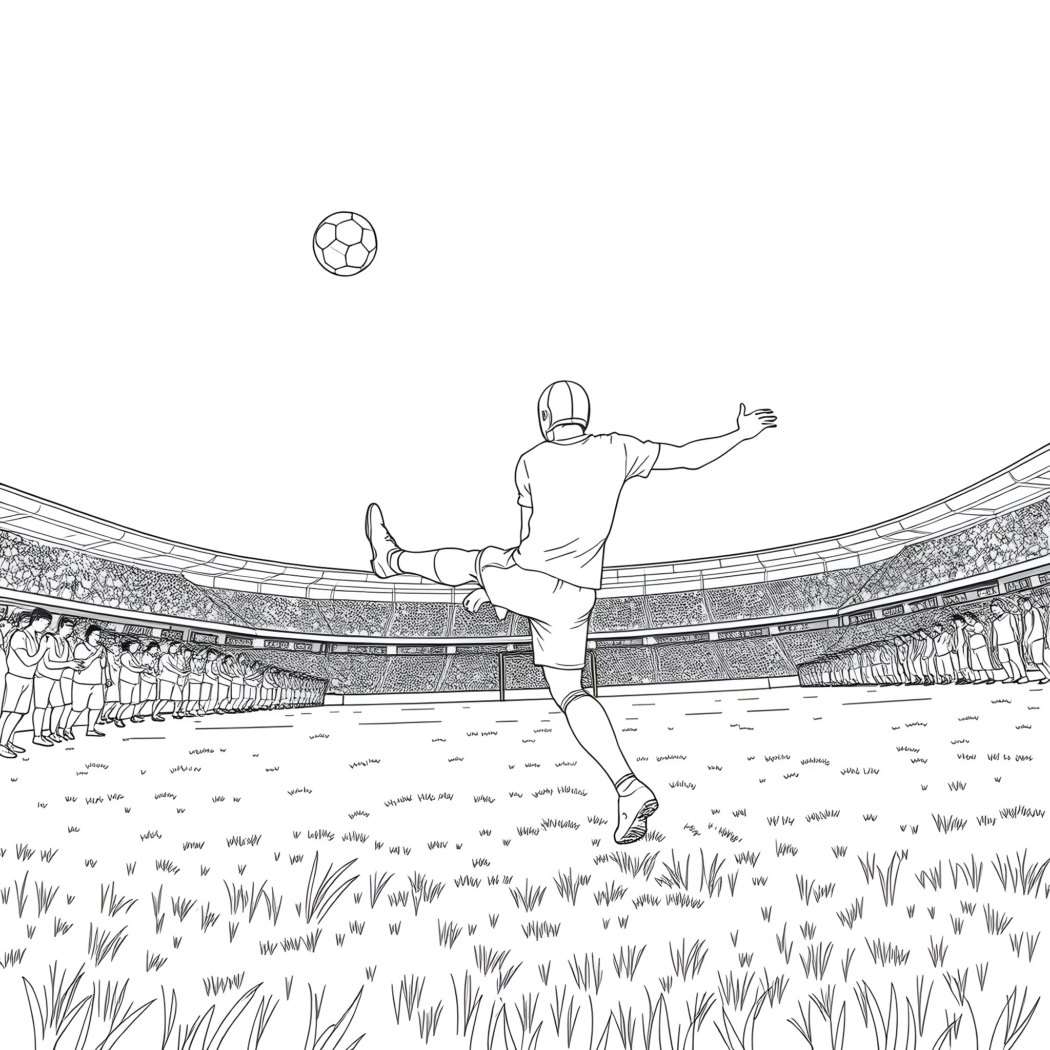 Person kicking soccer ball on a sports field Coloring Page (free black-and-white line drawing printable PDF for all, from beginners to advanced learners, including children, teens, adults, and seniors)