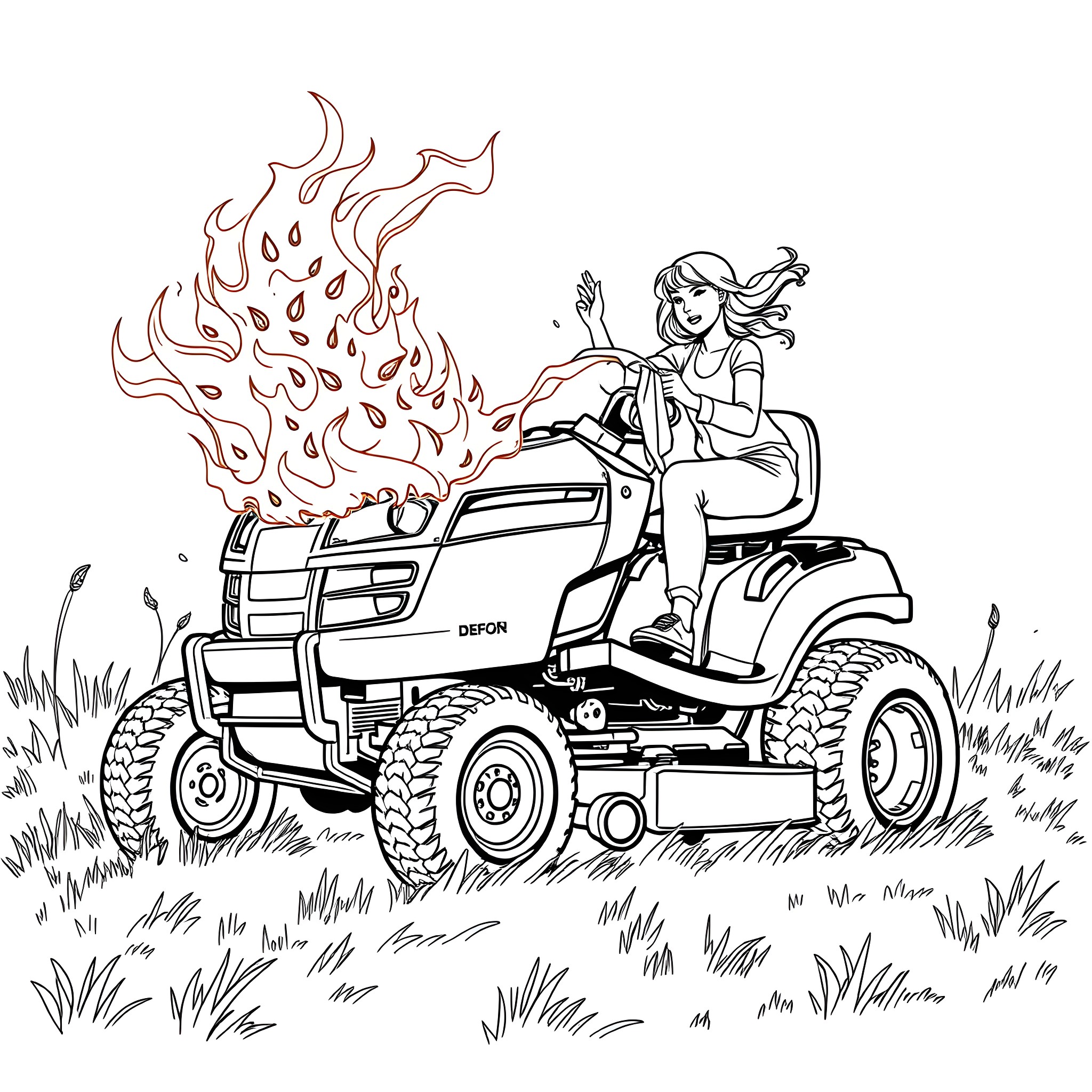 Lawn Mower Driven by Energetic Woman Coloring Page (free black-and-white line drawing printable PDF for all, from beginners to advanced learners, including children, teens, adults, and seniors)