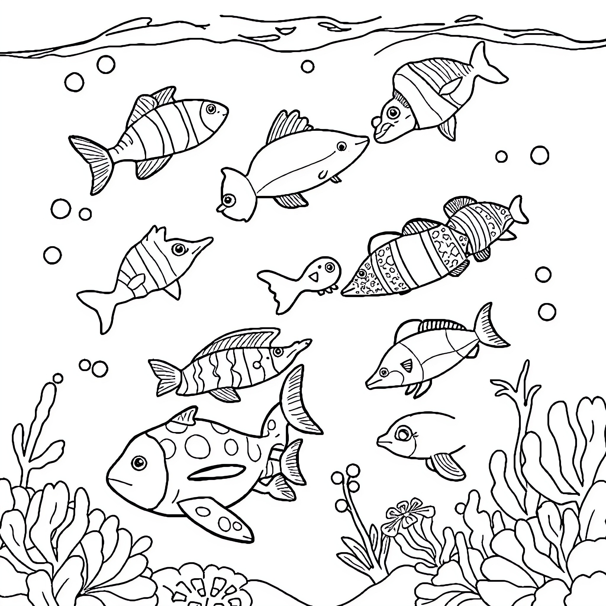 Ocean Animals Exploring an Underwater Coral Reef Coloring Page (free black-and-white line drawing printable PDF for all, from beginners to advanced learners, including children, teens, adults, and seniors)
